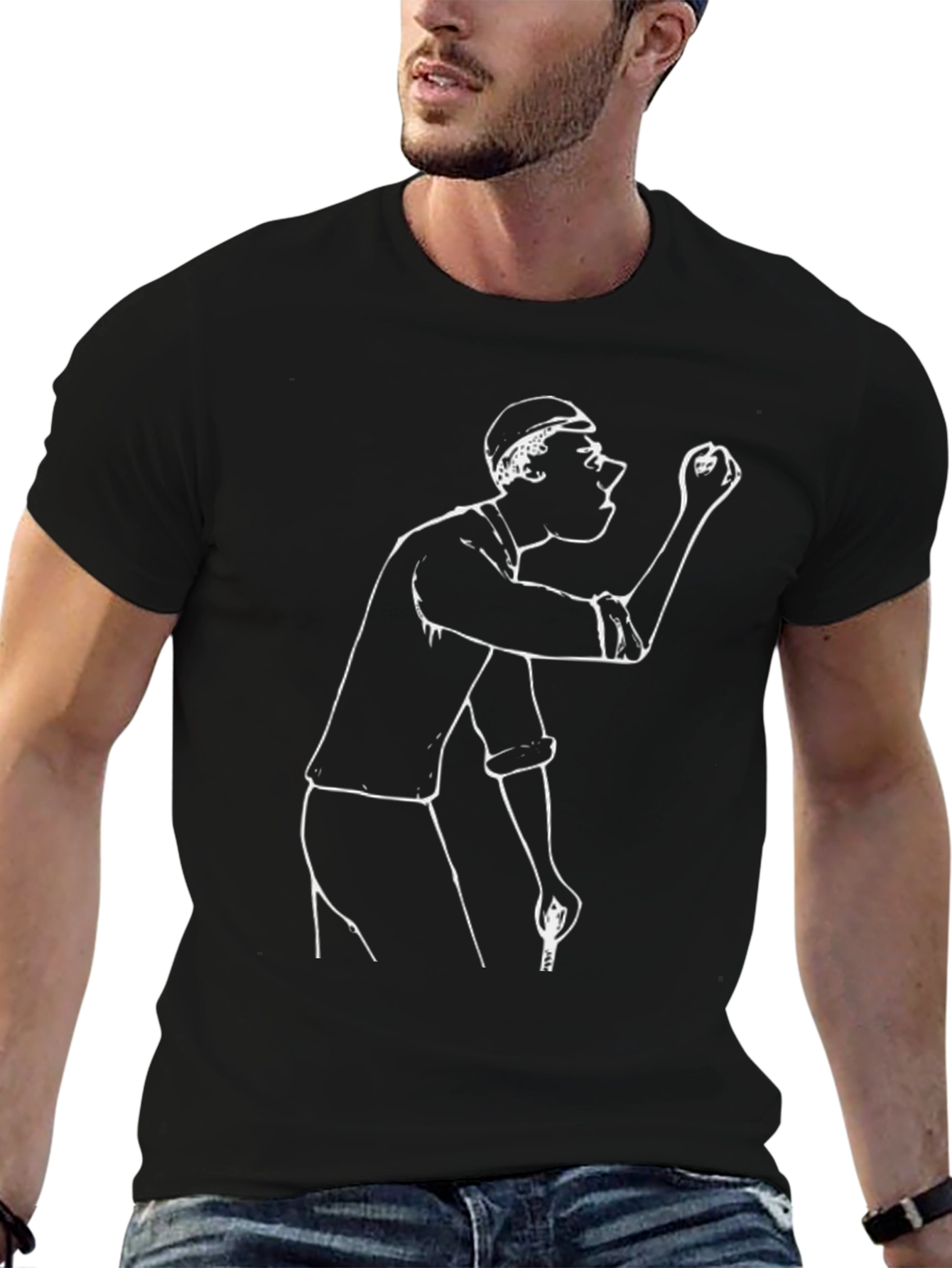 Funny Graphic Tee - Cartoon Man Sketch Black T-Shirt