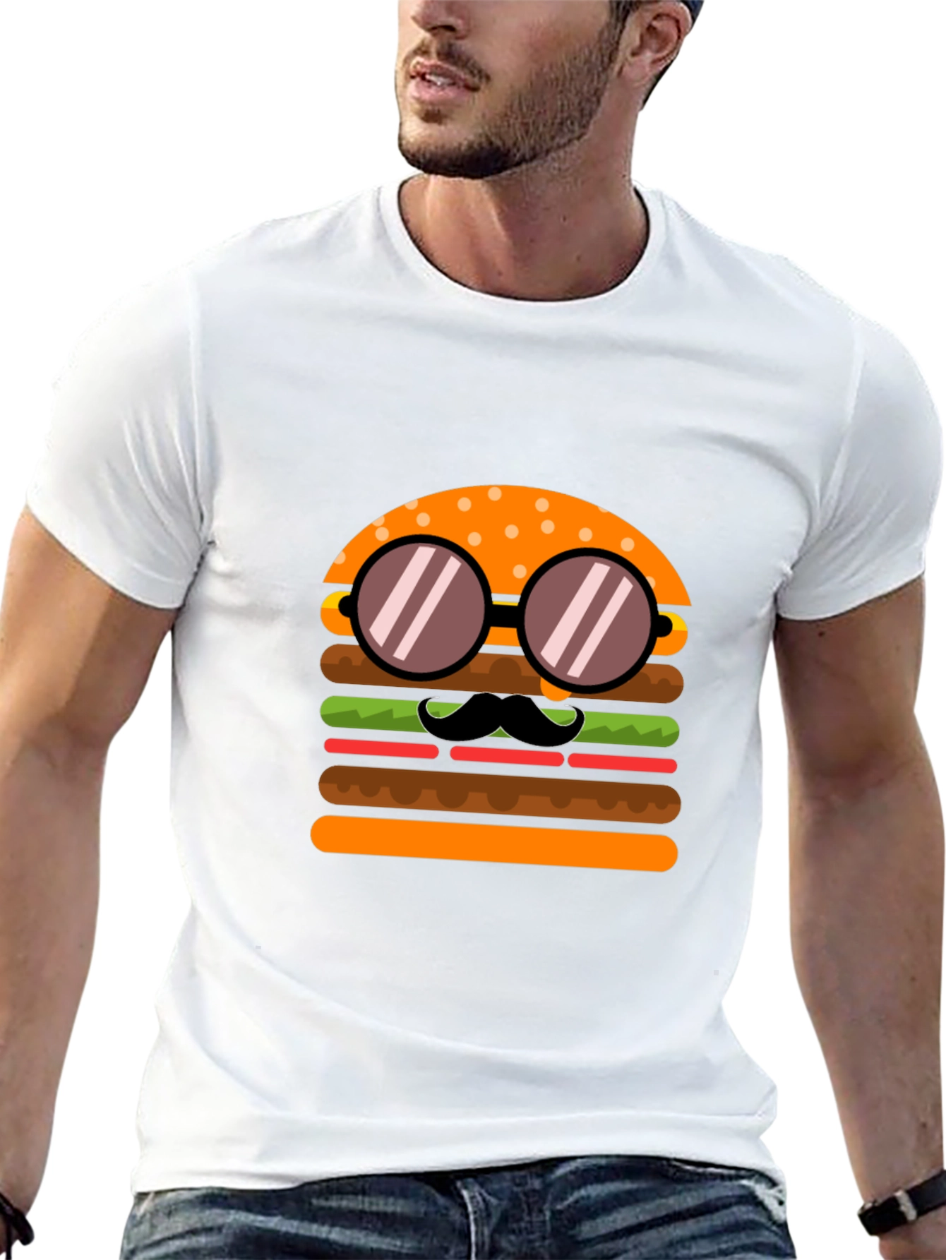 Burger with Mustache T-Shirt - Novelty Graphic Tee