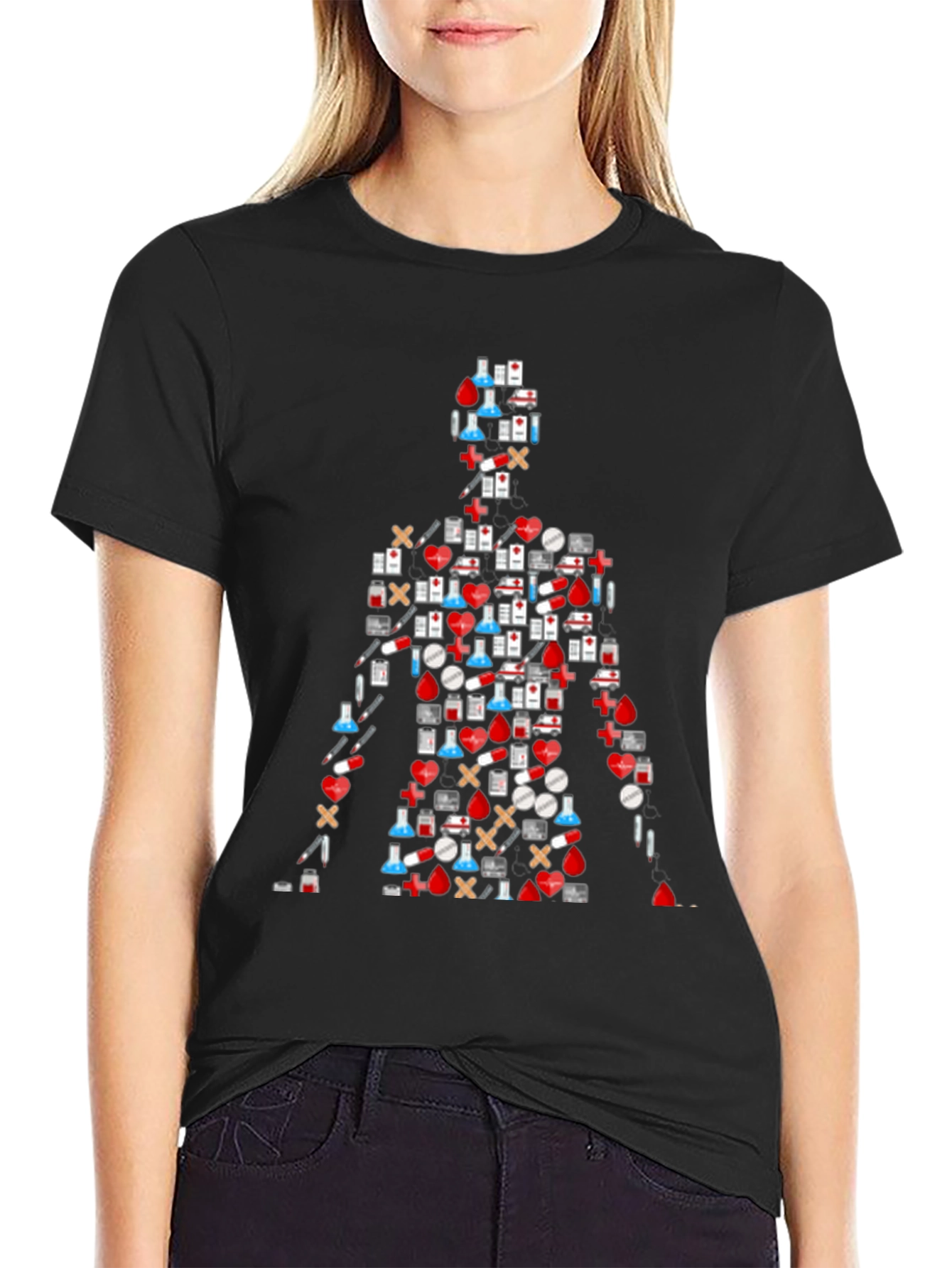 Medical Symbol Graphic T-Shirt - Black Casual Tee