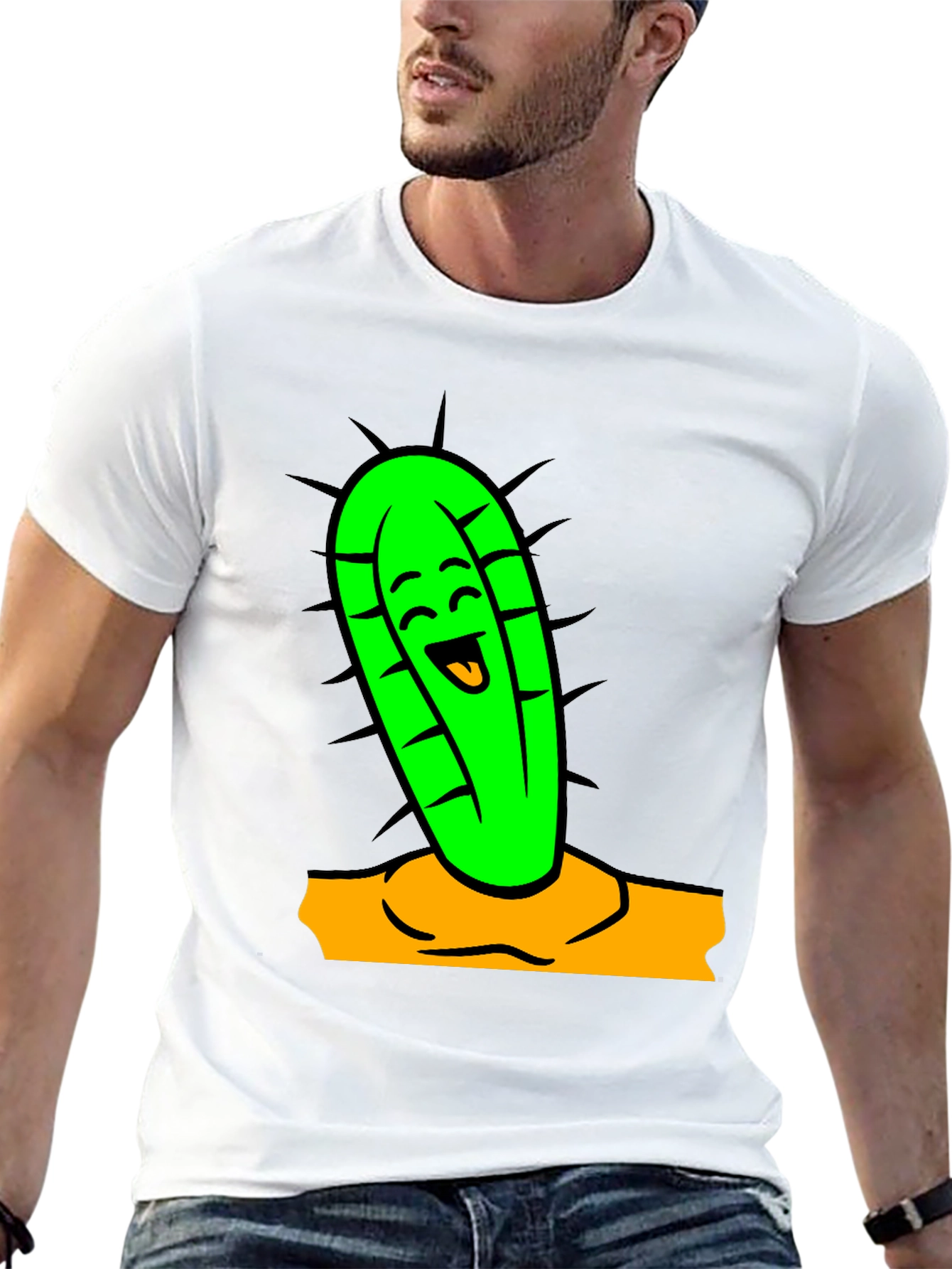 Funny Cactus Cartoon Graphic Tee - Black