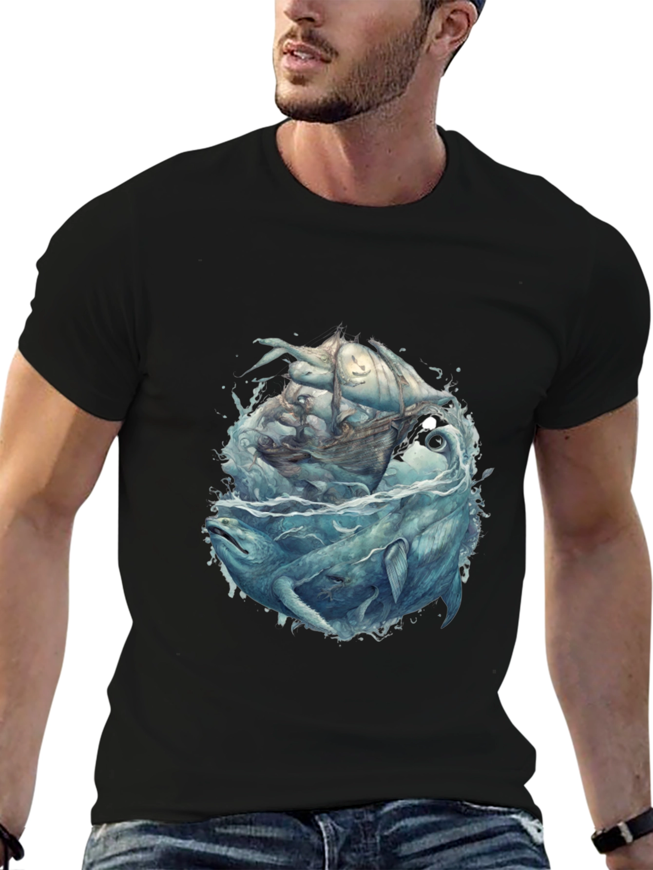 Whale & Ship Graphic Tee - Mens Black T-Shirt