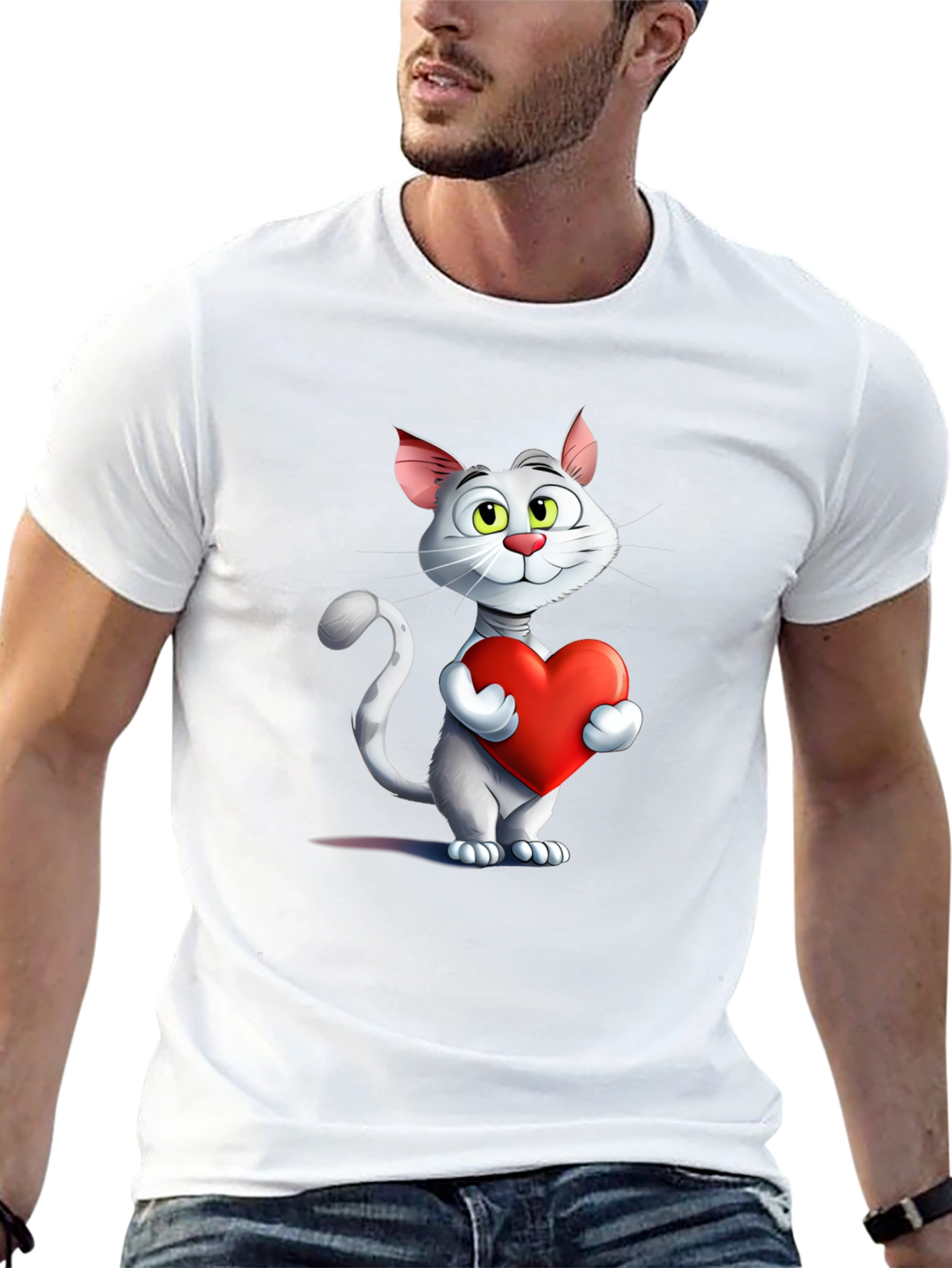 Cute Cat Holding Heart Graphic T-Shirt