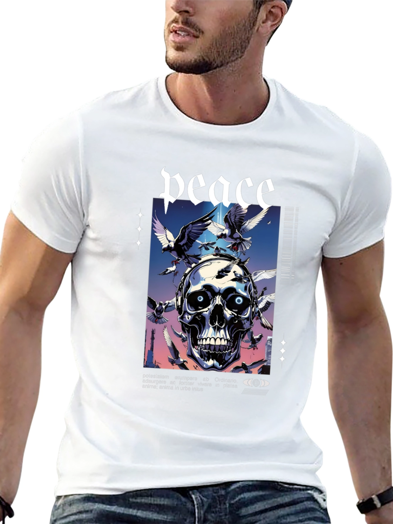 Peace Skull Graphic Print Tee - Mens Black T-Shirt