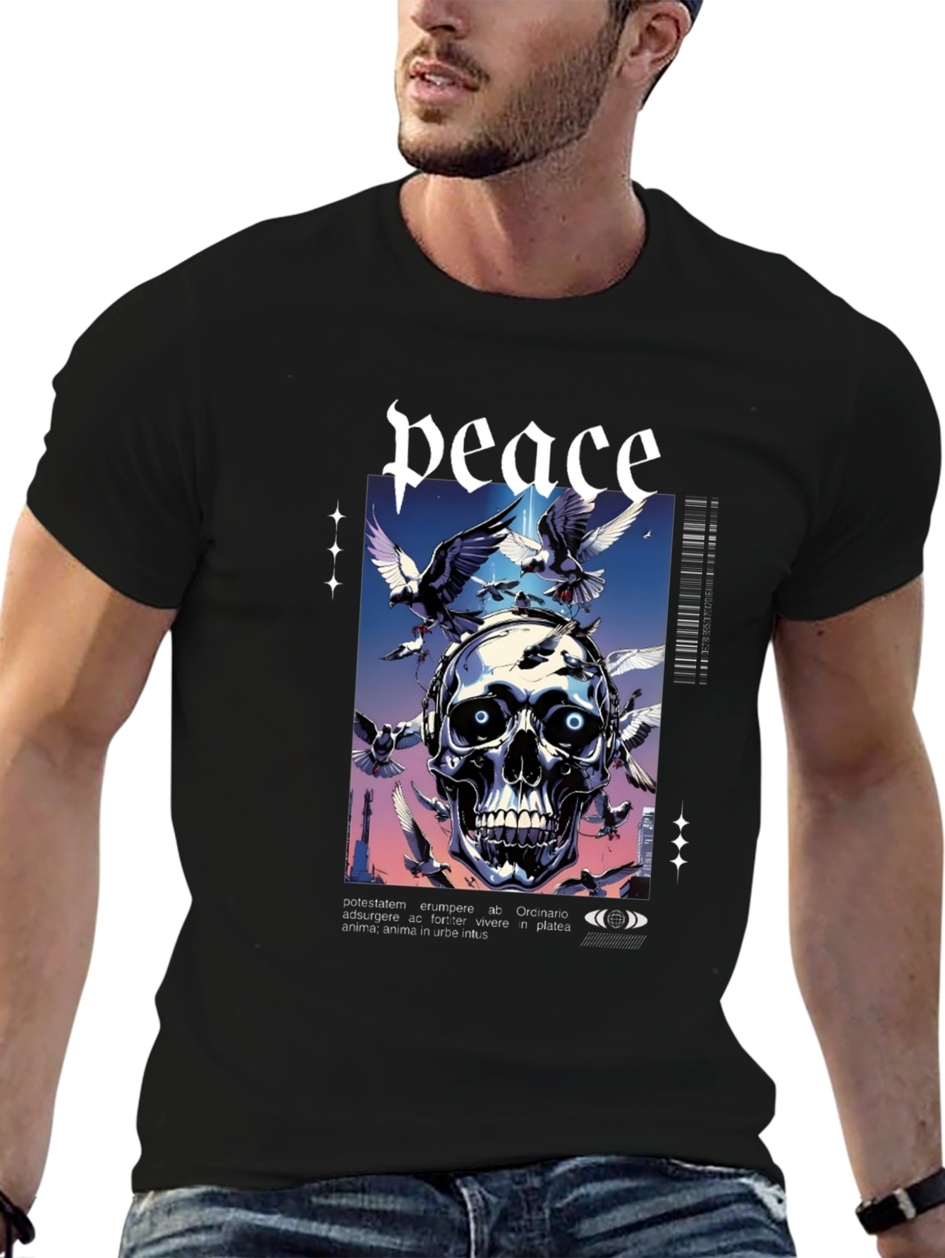 Peace Skull Graphic Print Tee - Mens Black T-Shirt