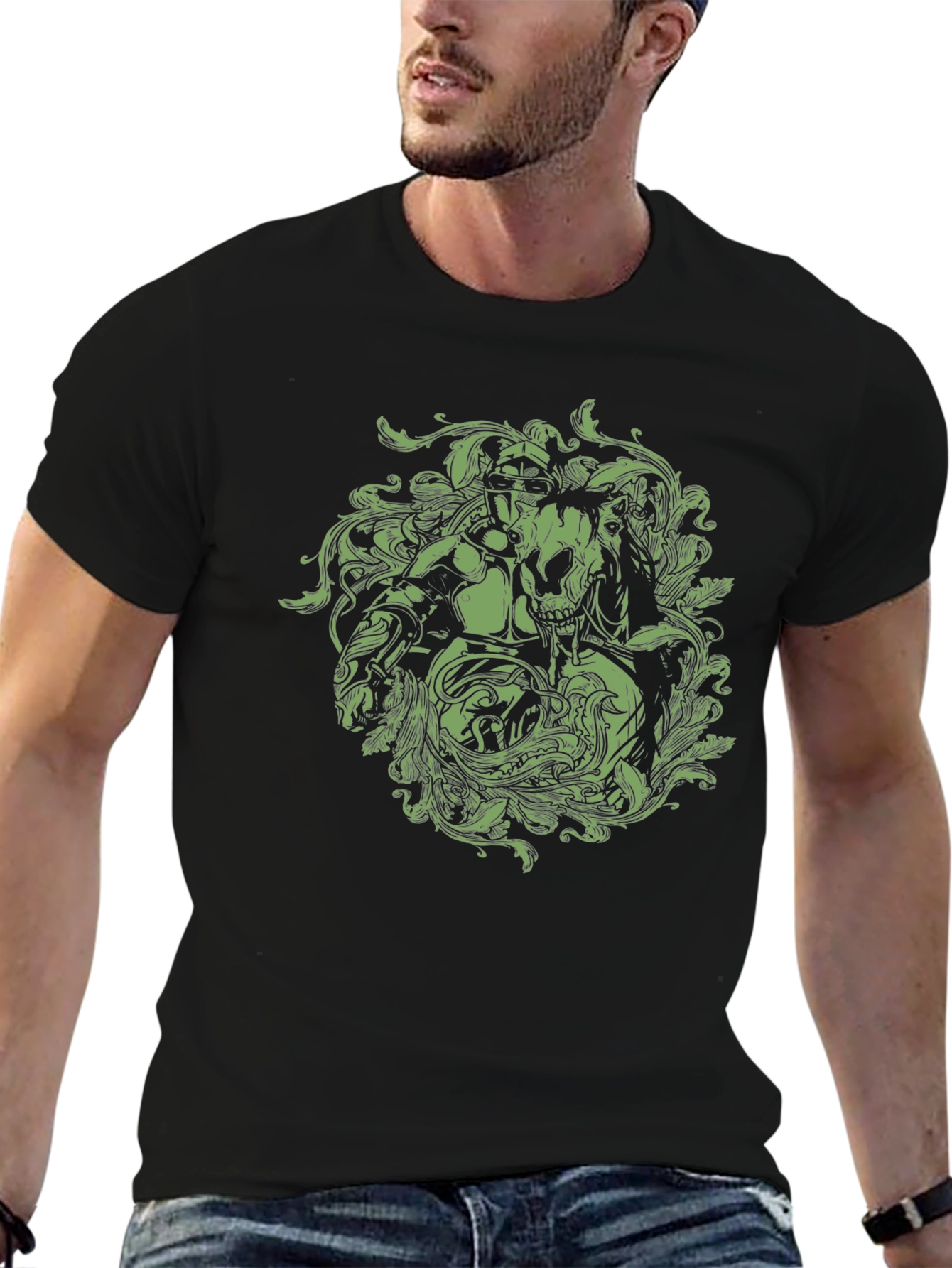 Black Graphic T-Shirt - Knight and Skull