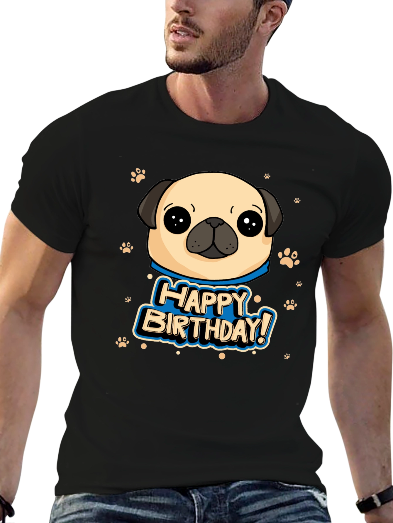 Pug Happy Birthday Black T-Shirt
