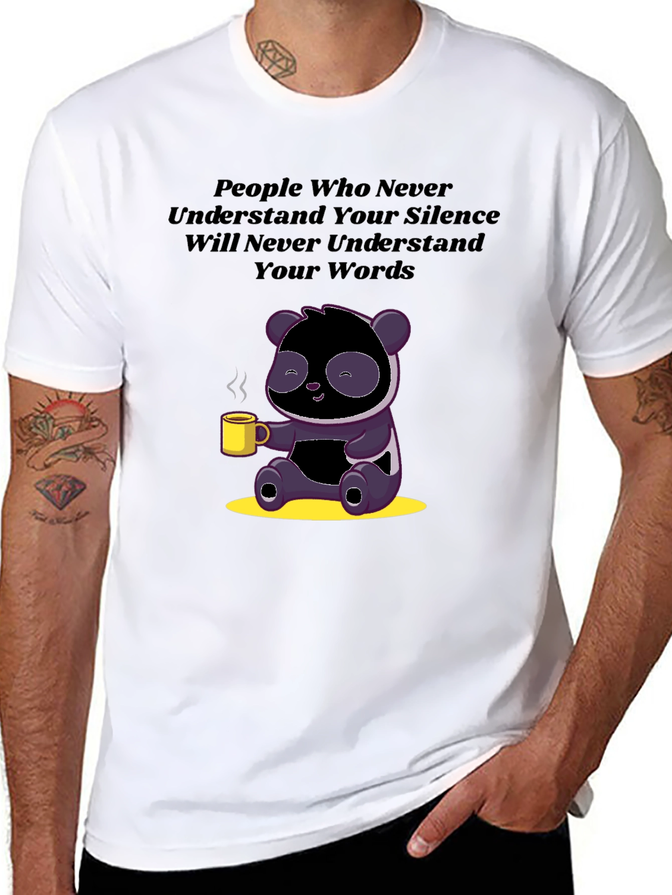 Silence & Words T-Shirt: Panda with Coffee