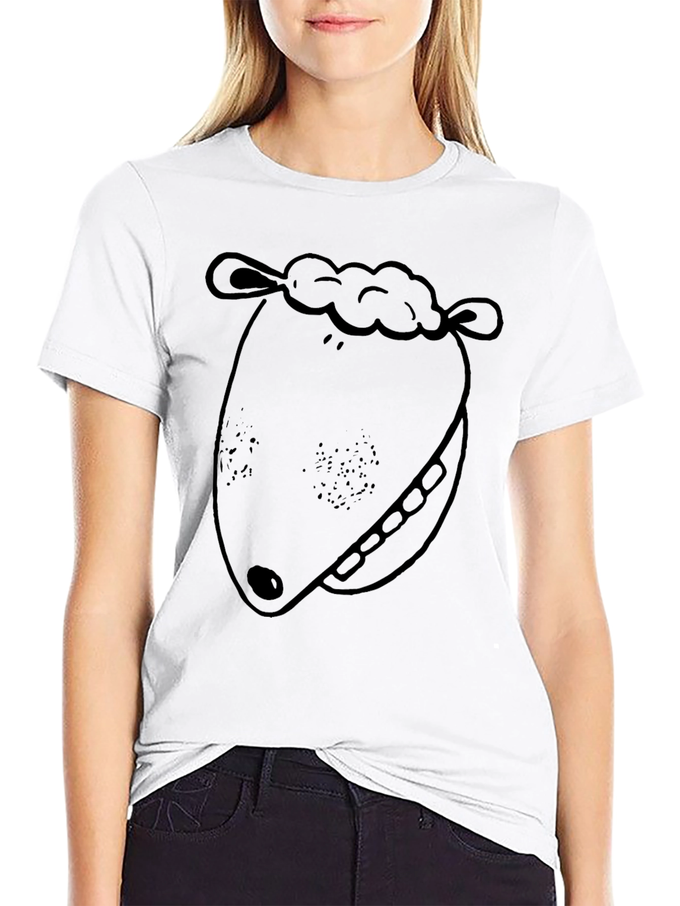 Cartoon Sheep Face Graphic Tee - Black Cotton T-Shirt