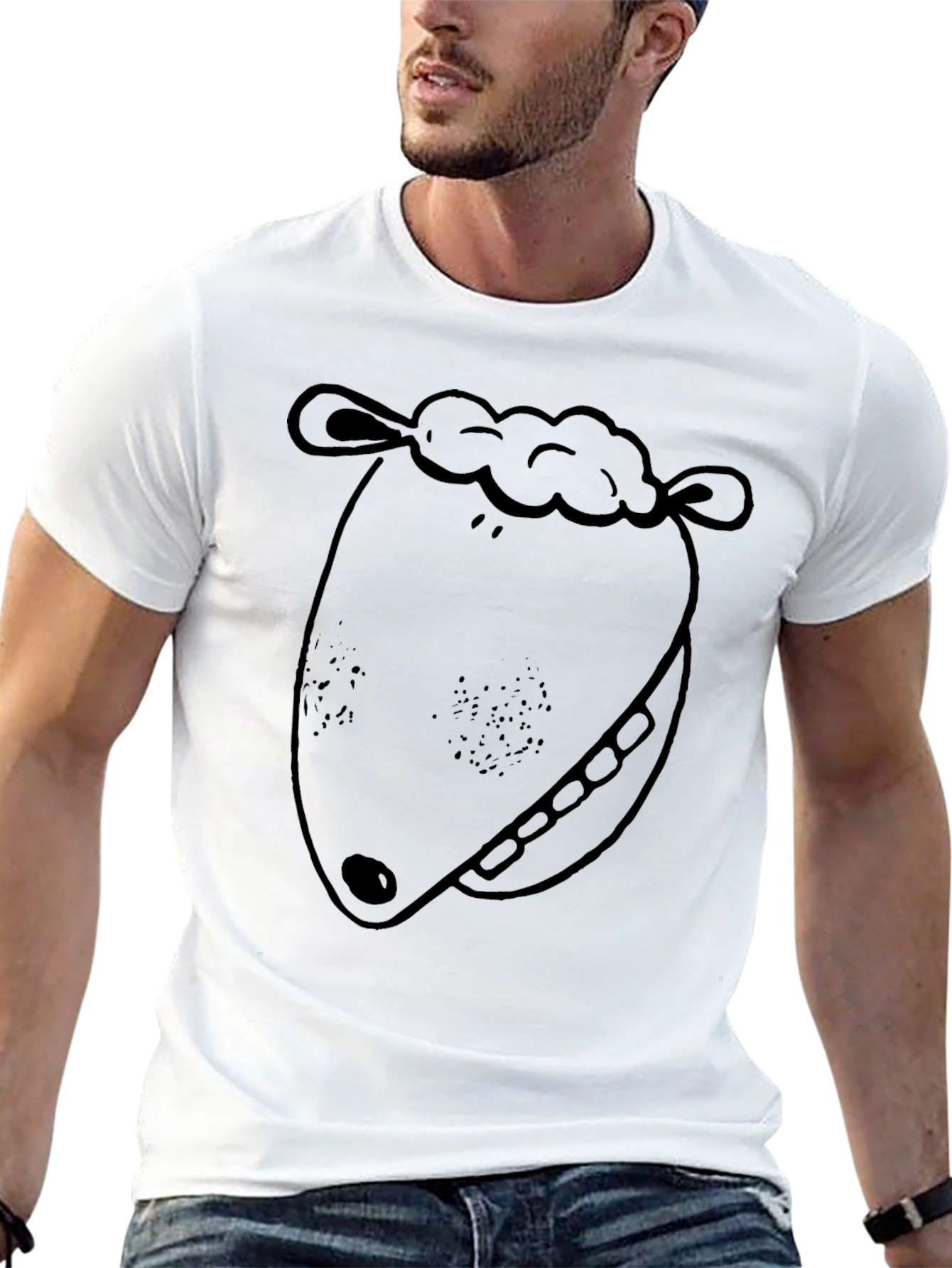 Cartoon Sheep Face Graphic Tee - Black Cotton T-Shirt