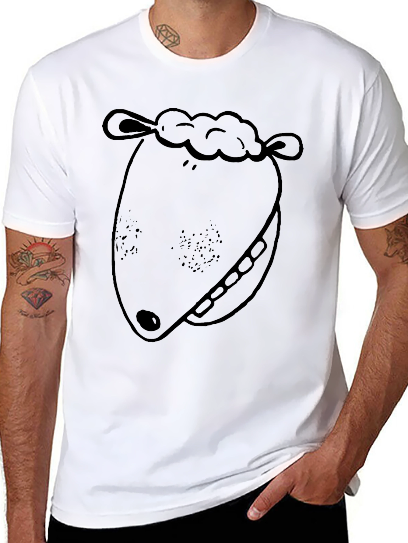 Cartoon Sheep Face Graphic Tee - Black Cotton T-Shirt