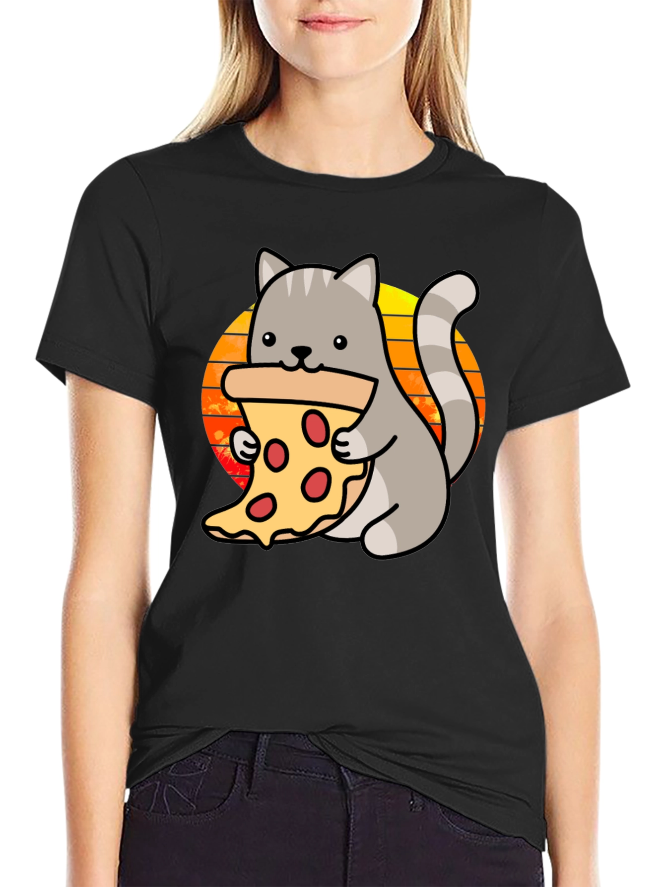 Cat Pizza Black T-Shirt - Cute Cartoon Graphic Tee
