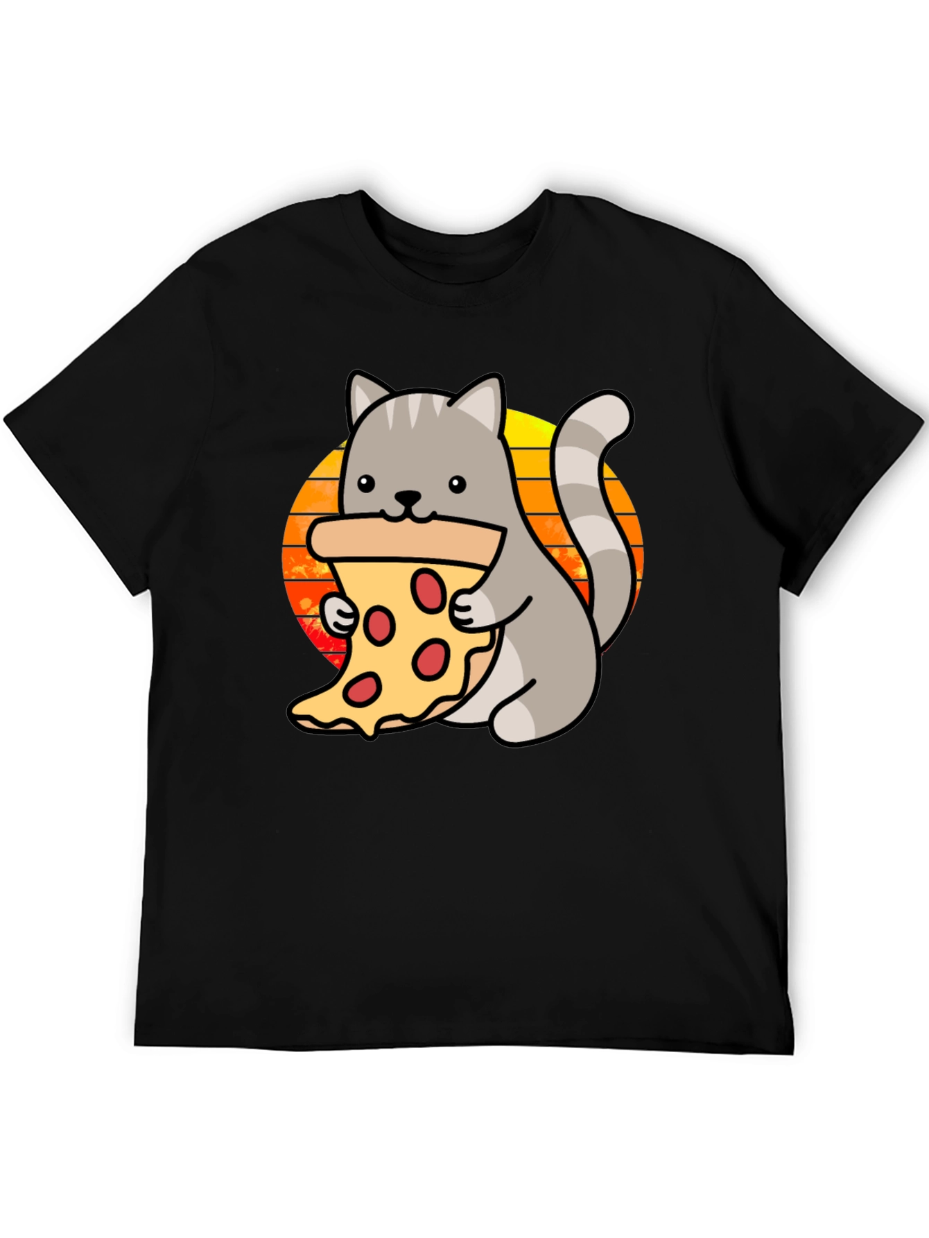 Cat Pizza Black T-Shirt - Cute Cartoon Graphic Tee