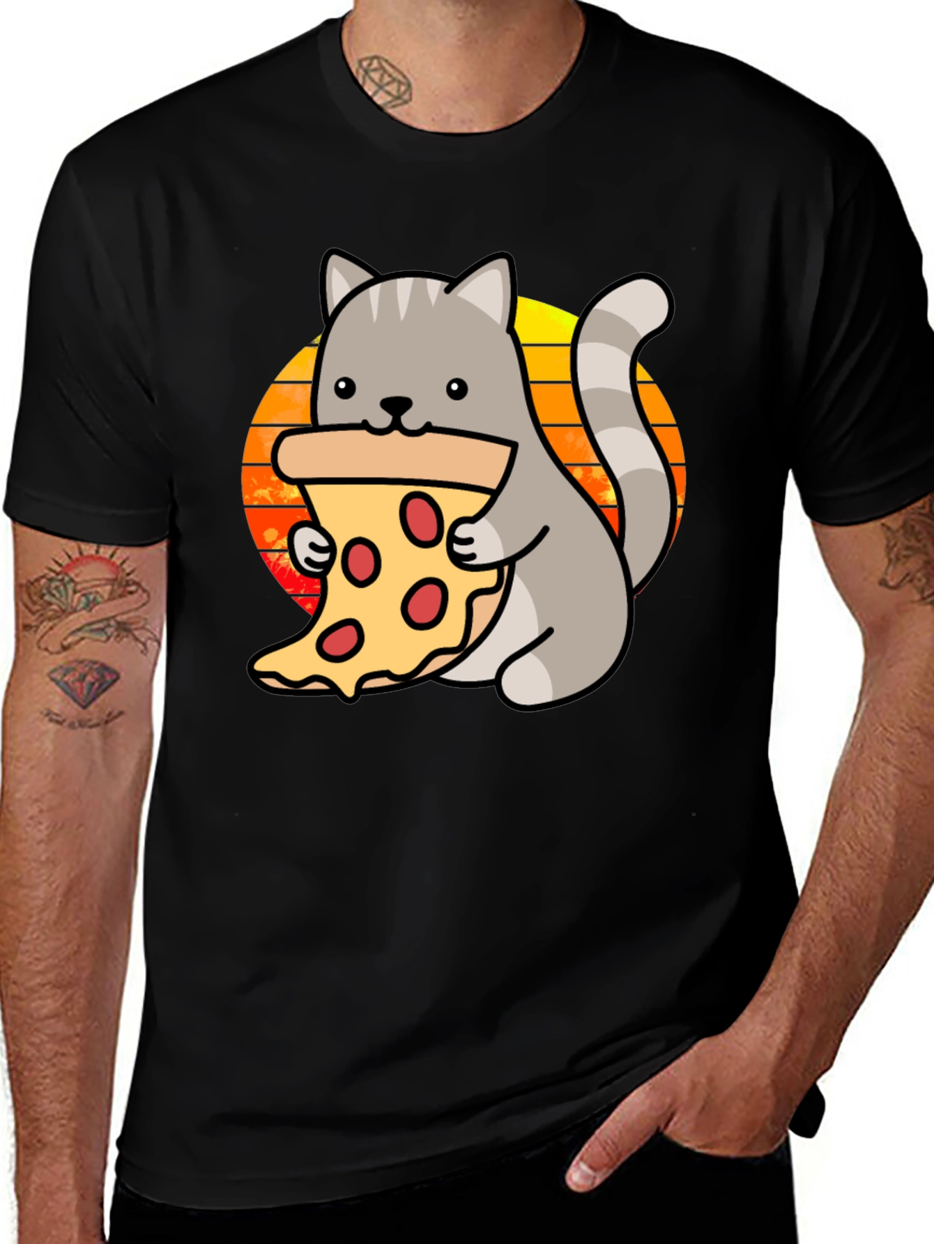 Cat Pizza Black T-Shirt - Cute Cartoon Graphic Tee