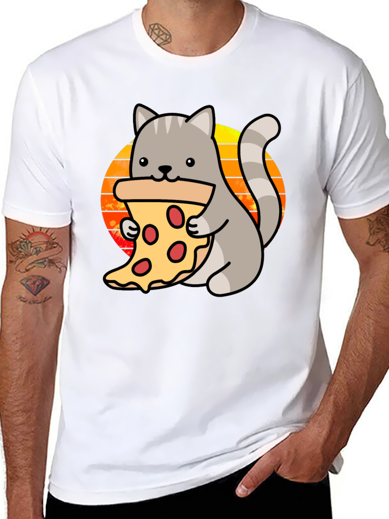 Cat Pizza Black T-Shirt - Cute Cartoon Graphic Tee