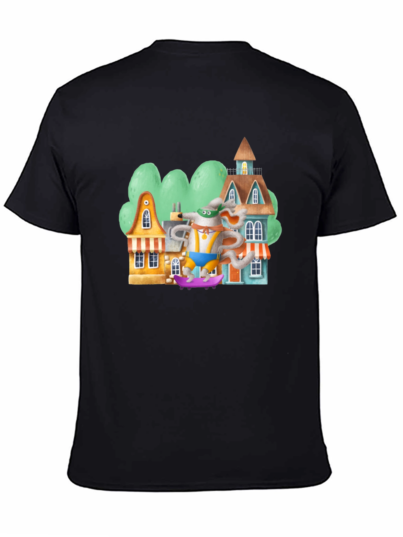 Cartoon Mouse Skateboarder Graphic Tee - Black Cotton Blend