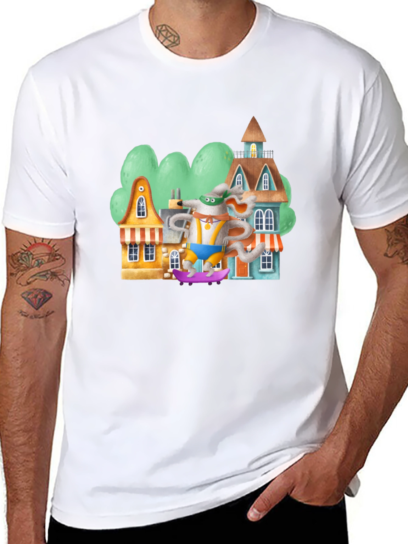 Cartoon Mouse Skateboarder Graphic Tee - Black Cotton Blend
