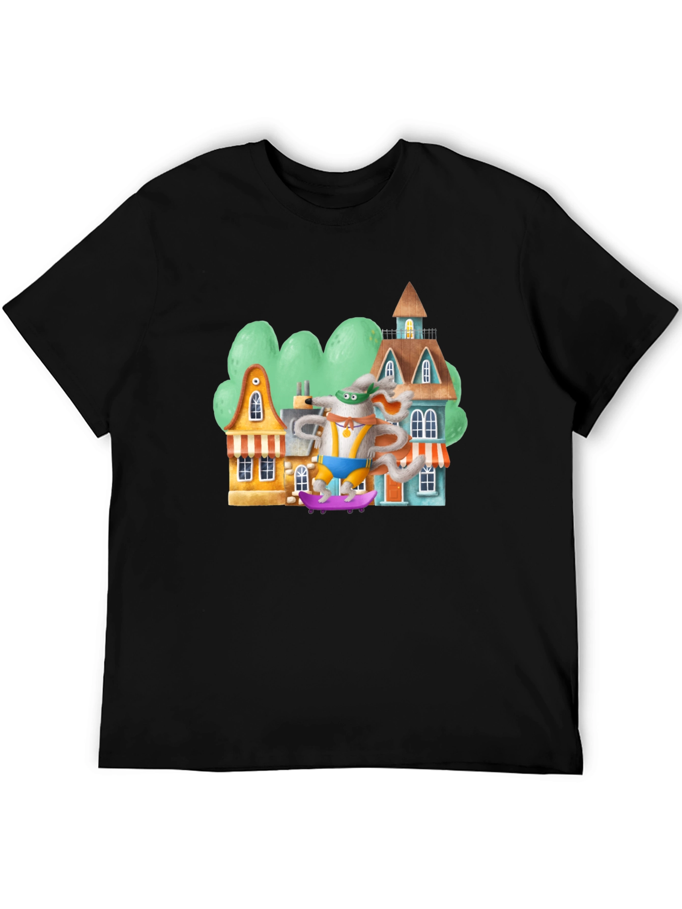 Cartoon Mouse Skateboarder Graphic Tee - Black Cotton Blend