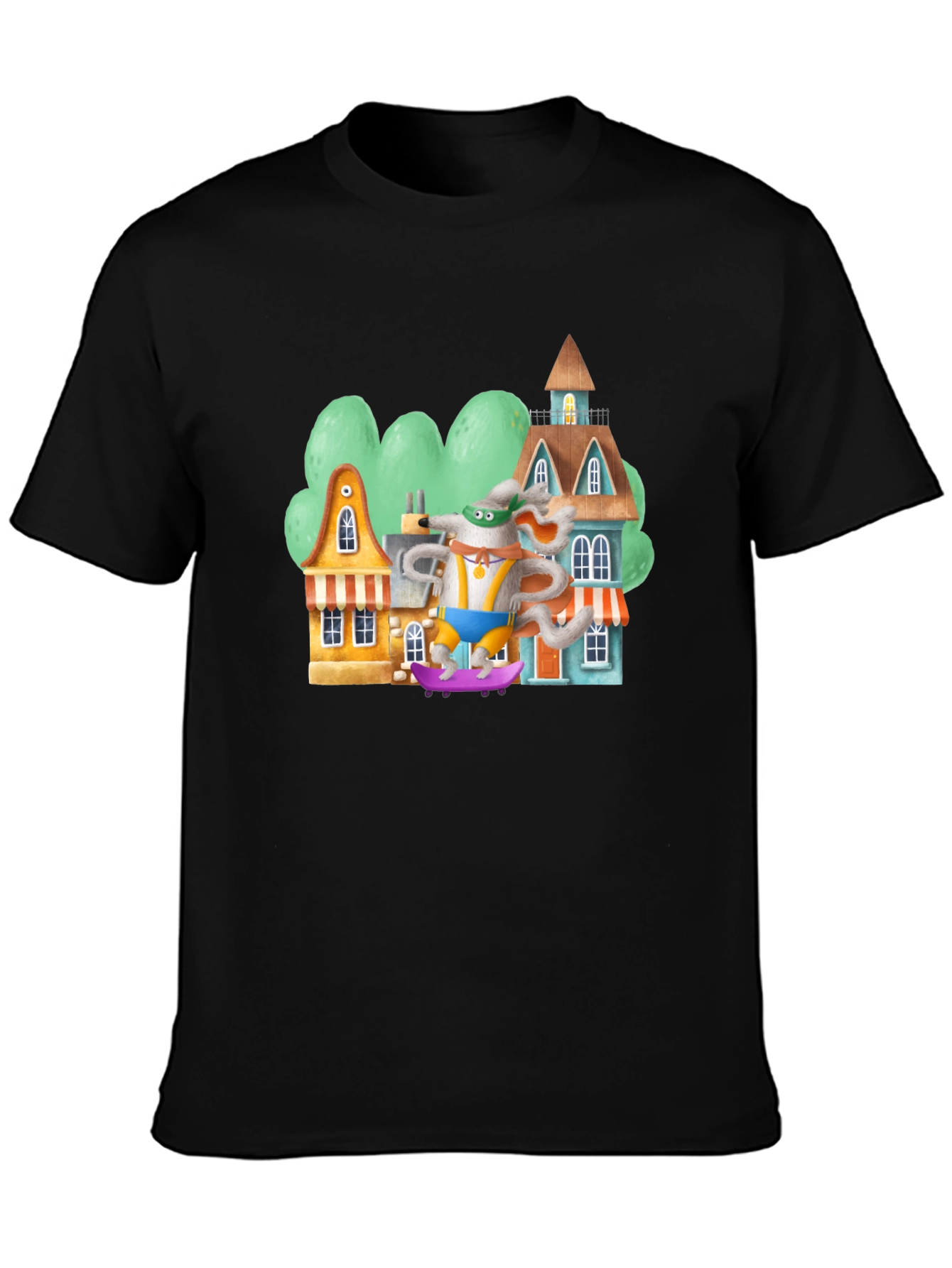 Cartoon Mouse Skateboarder Graphic Tee - Black Cotton Blend