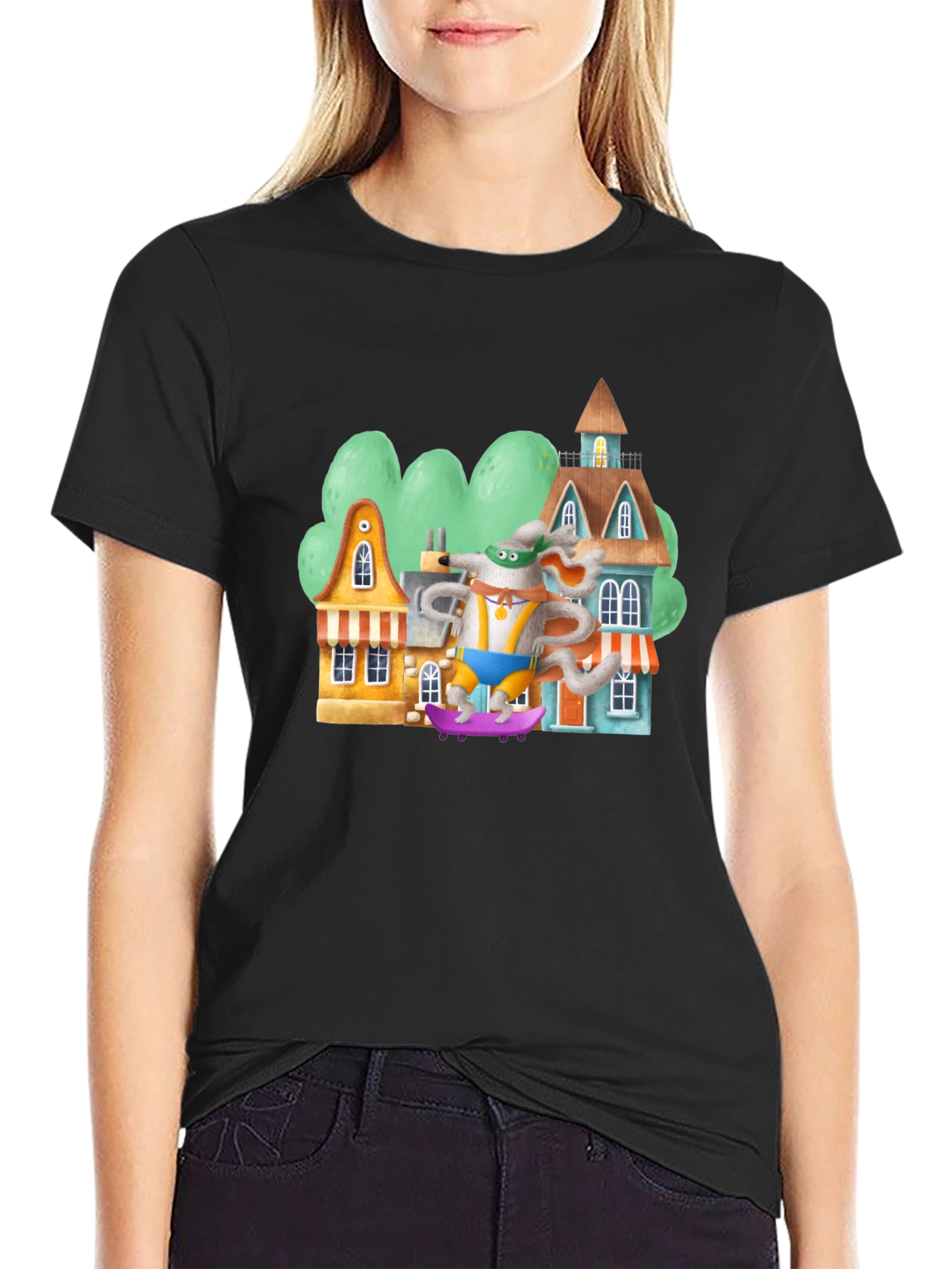 Cartoon Mouse Skateboarder Graphic Tee - Black Cotton Blend