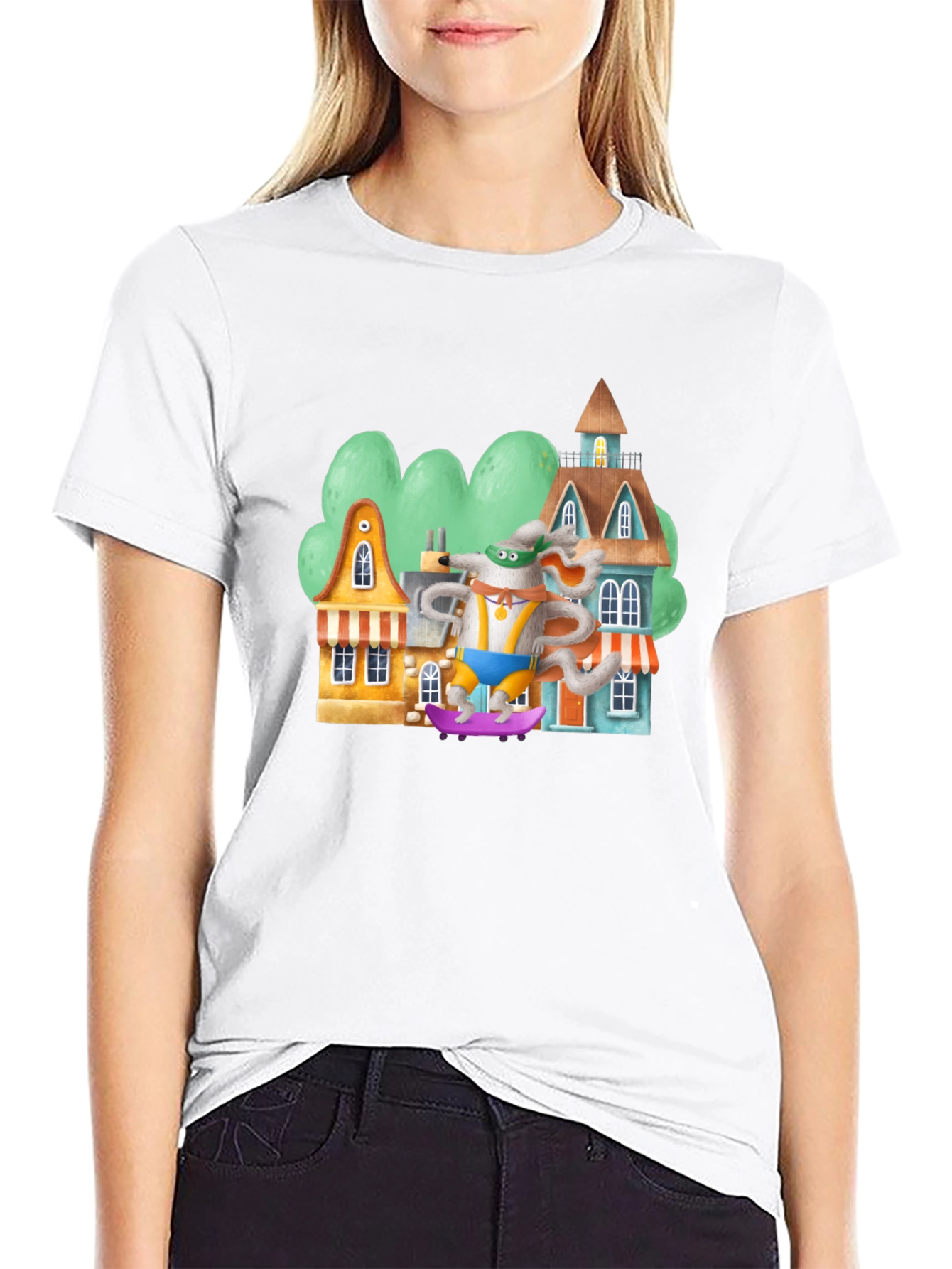 Cartoon Mouse Skateboarder Graphic Tee - Black Cotton Blend