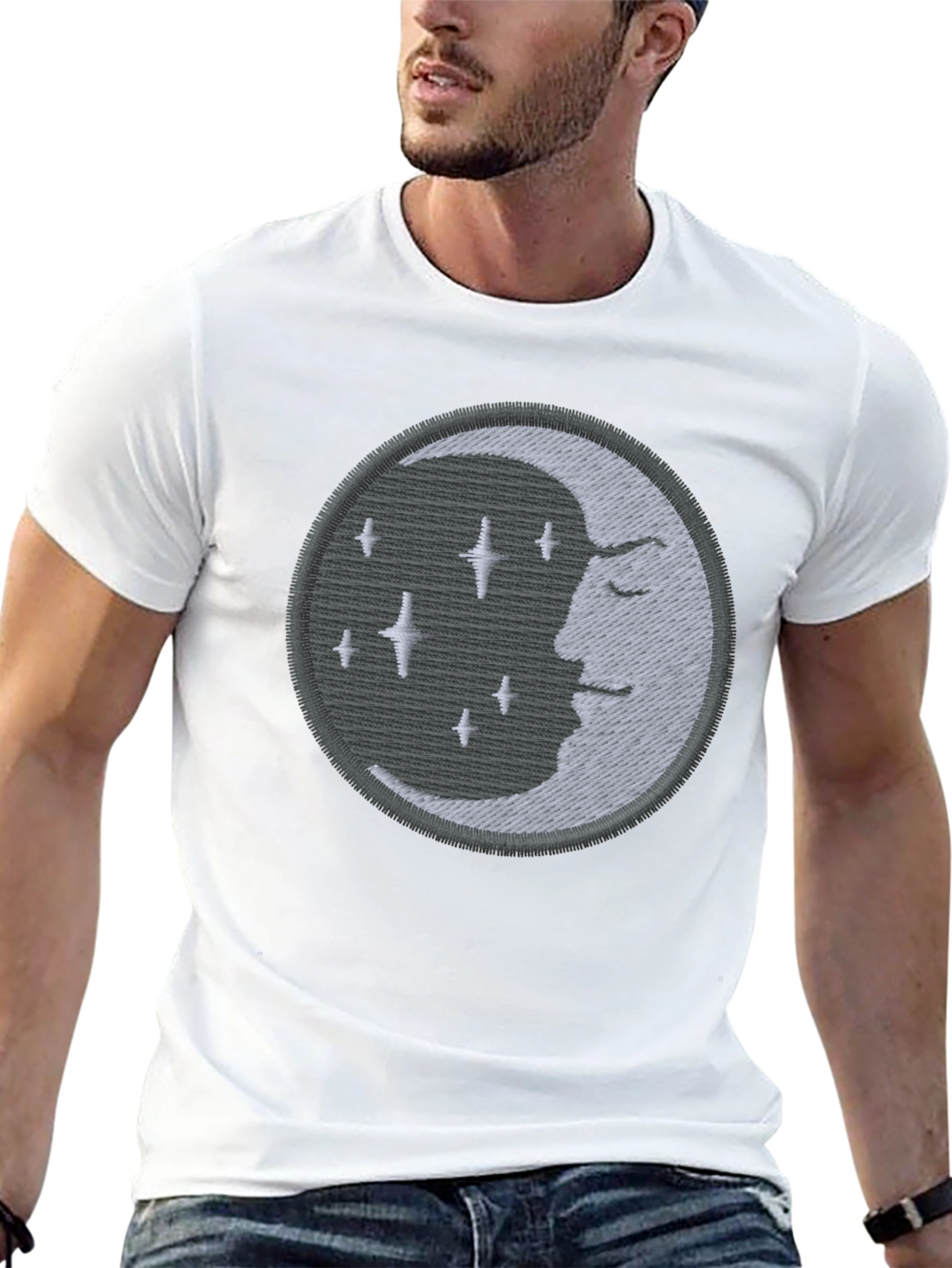 Celestial Moon Embroidered Black T-Shirt