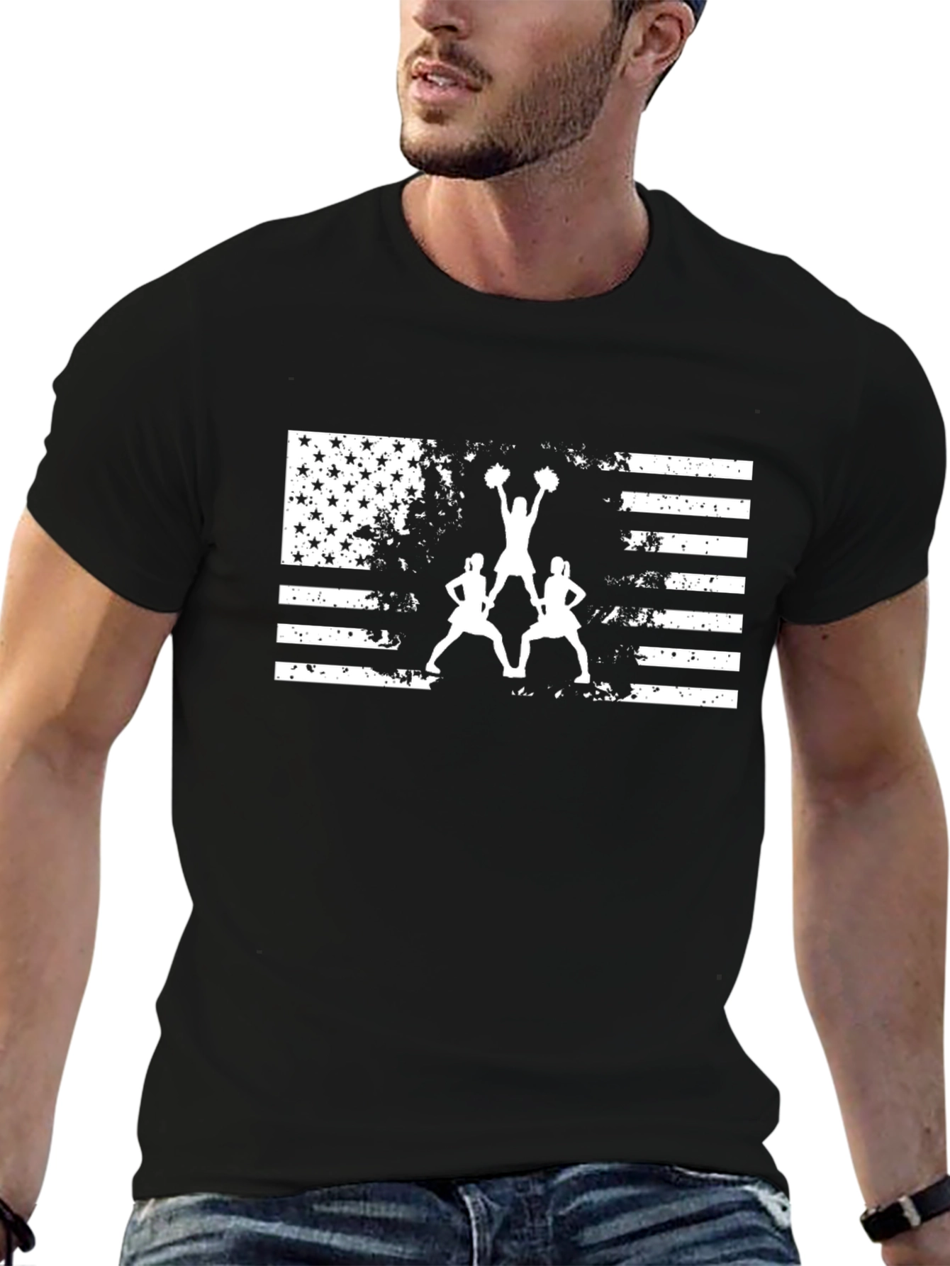 USA Flag Cheerleader Graphic Tee - Black