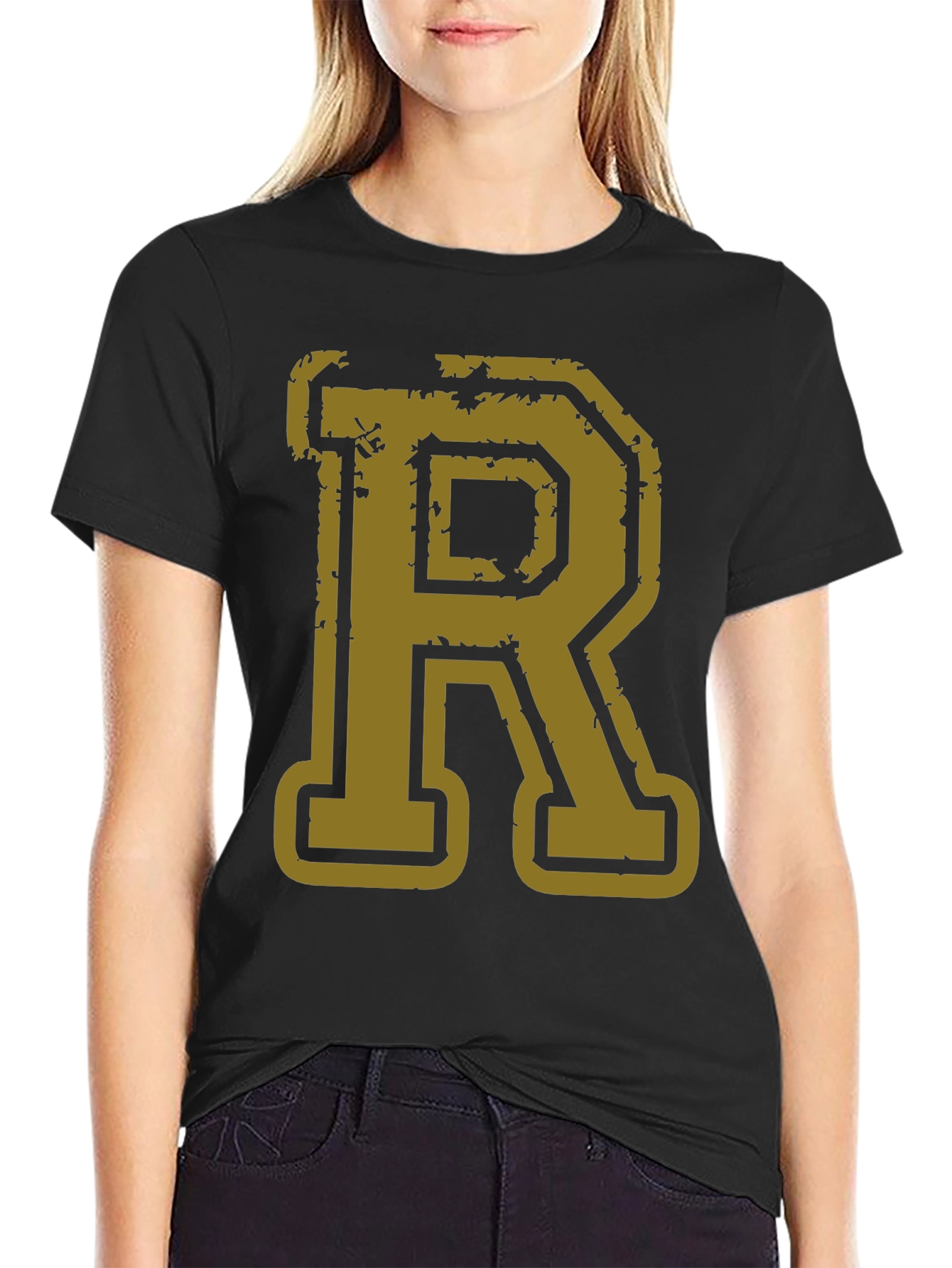 Letter R Graphic Print Black T-Shirt