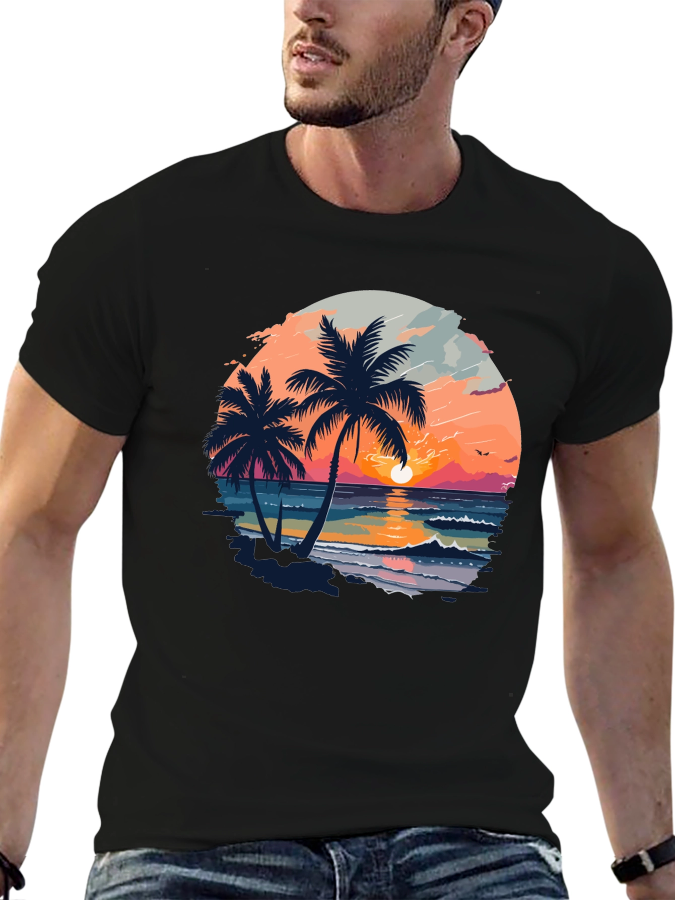 Tropical Sunset Palm Tree Graphic Black T-Shirt