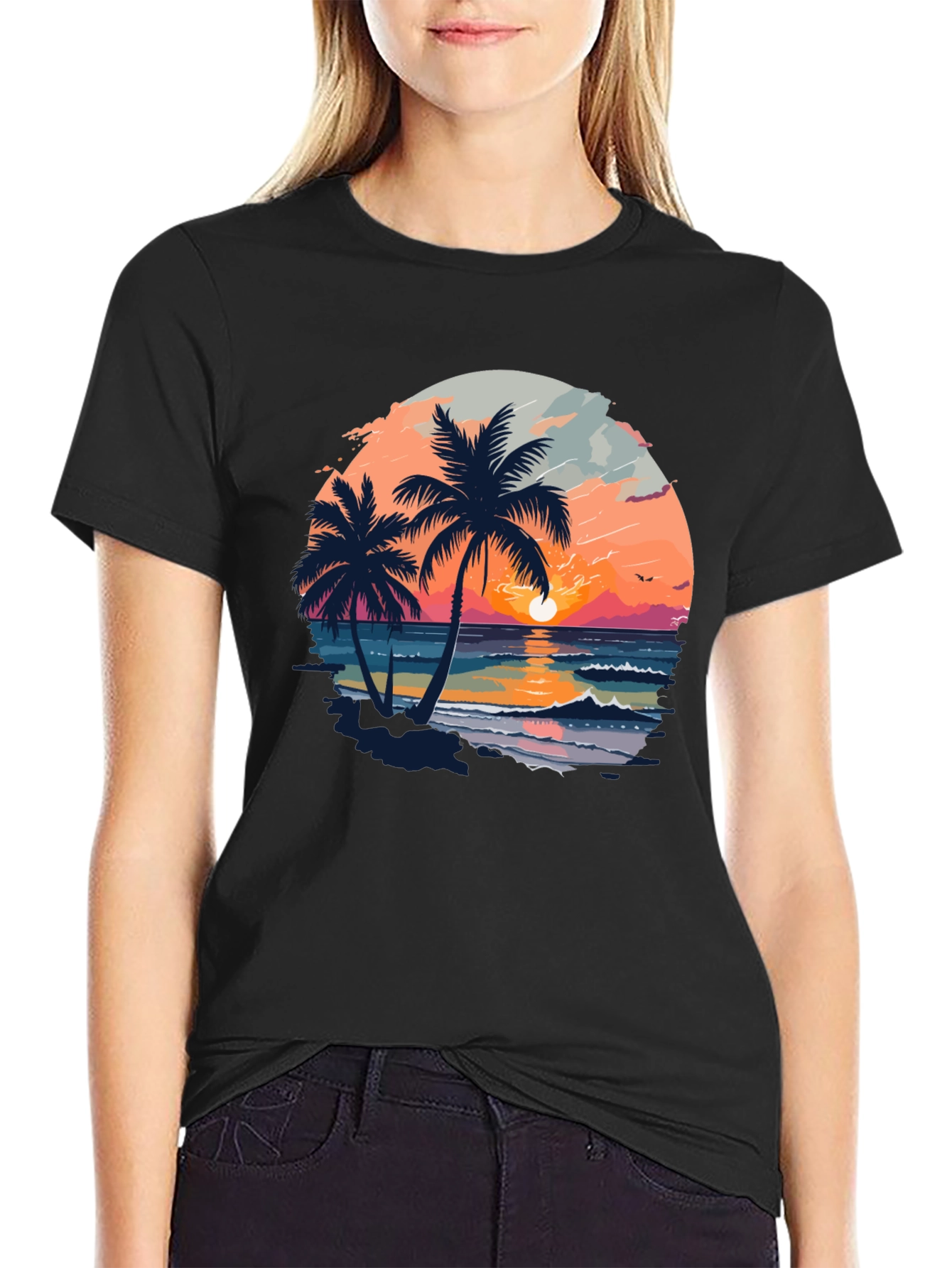 Tropical Sunset Palm Tree Graphic Black T-Shirt