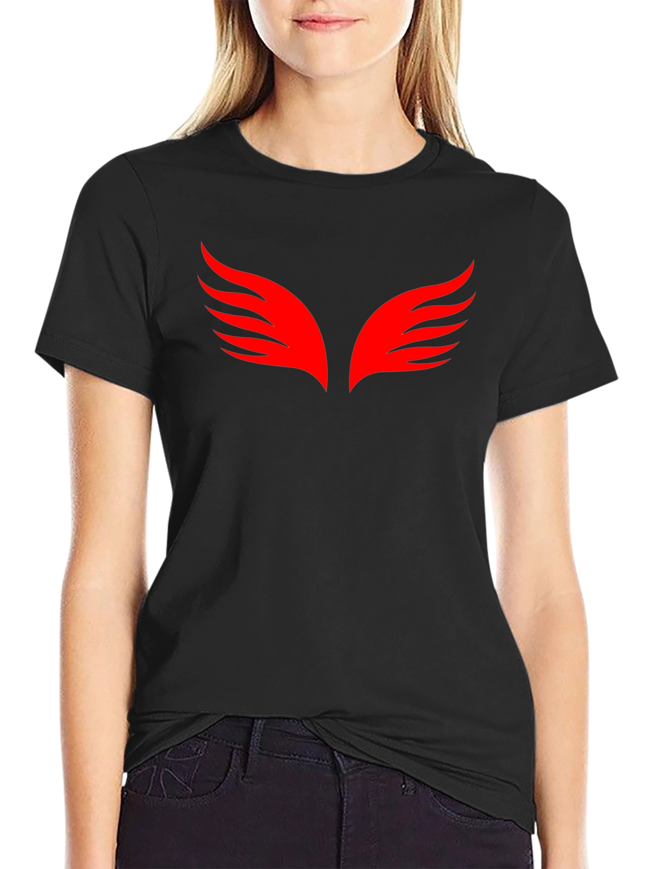 Black T-Shirt with Red Wings Graphic