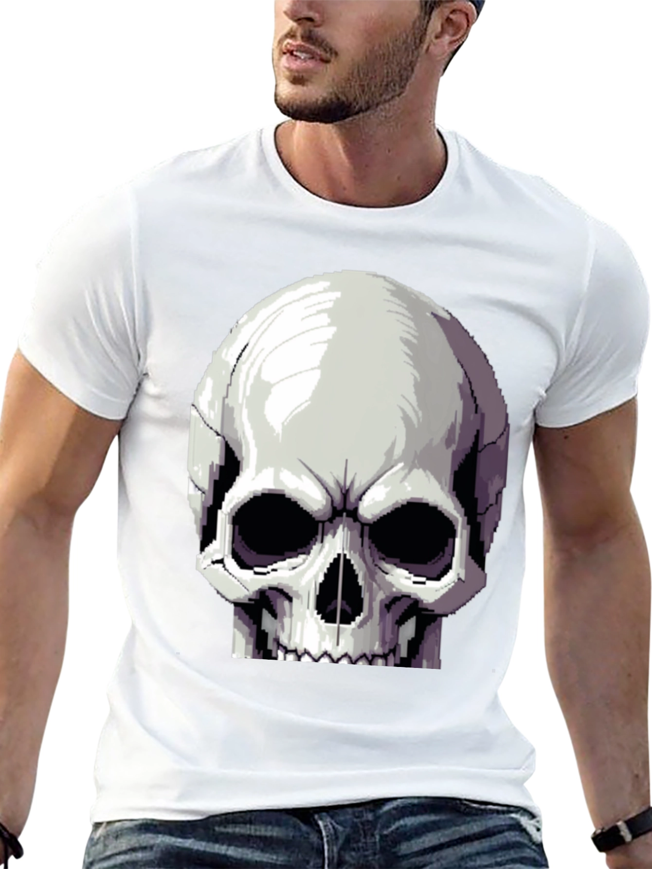 Pixel Skull Graphic Tee - Black Cotton Shirt