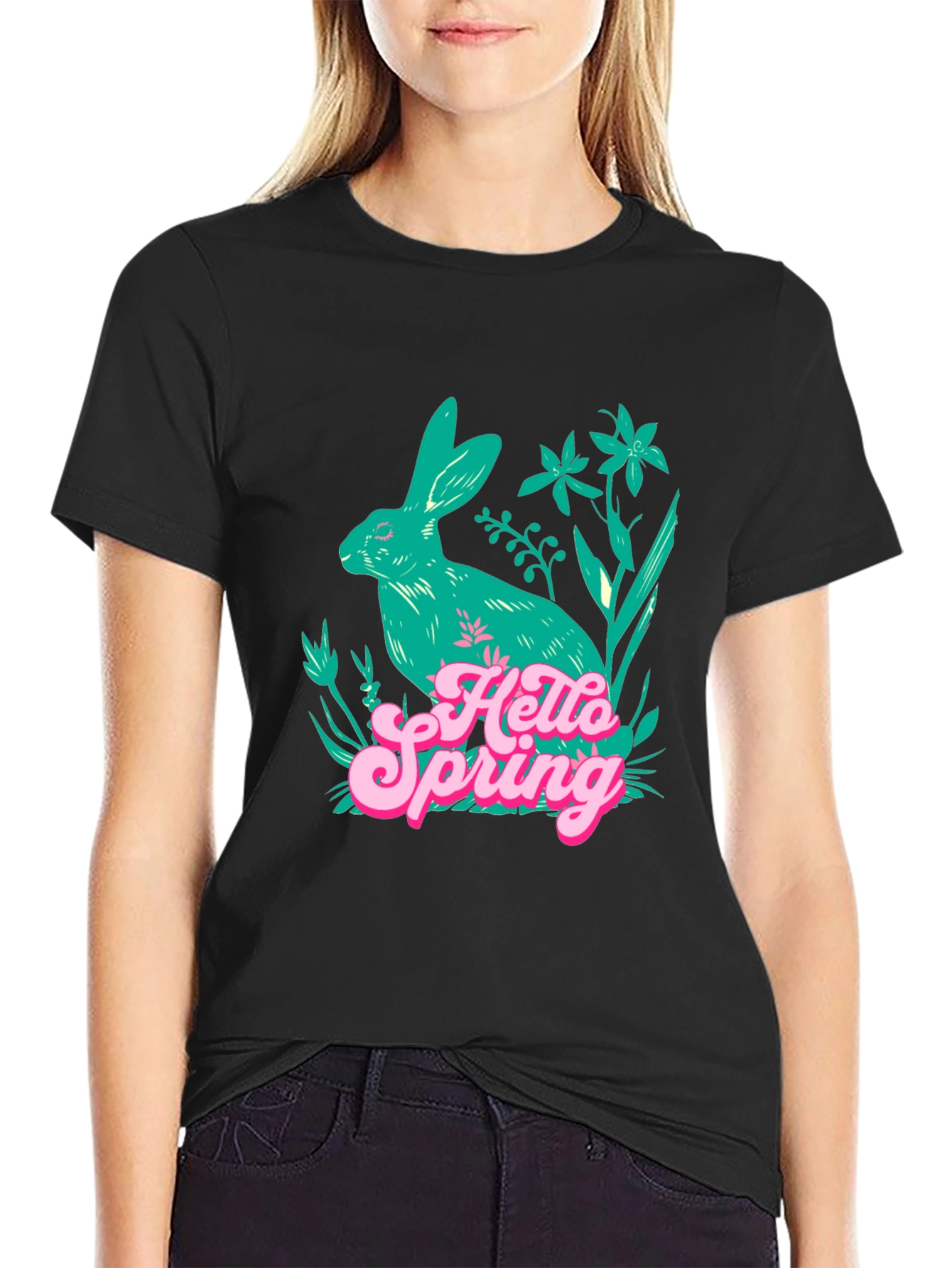 Hello Spring Bunny Graphic Tee - Black