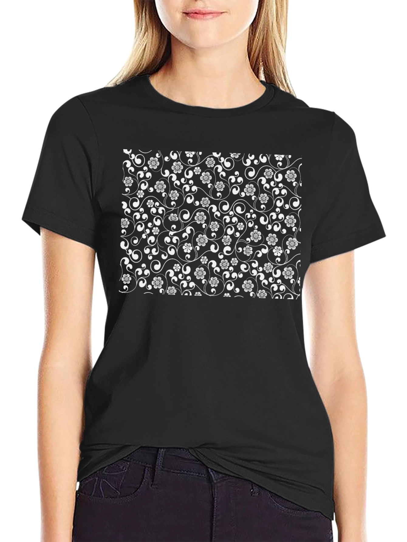 Black Floral Pattern T-Shirt