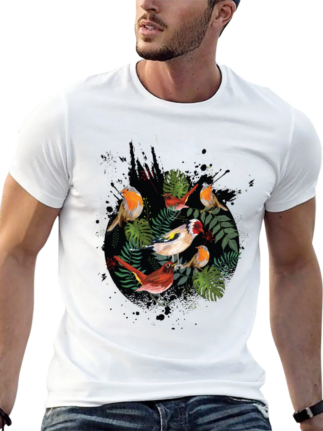 Mens Black Bird & Foliage Graphic Tee
