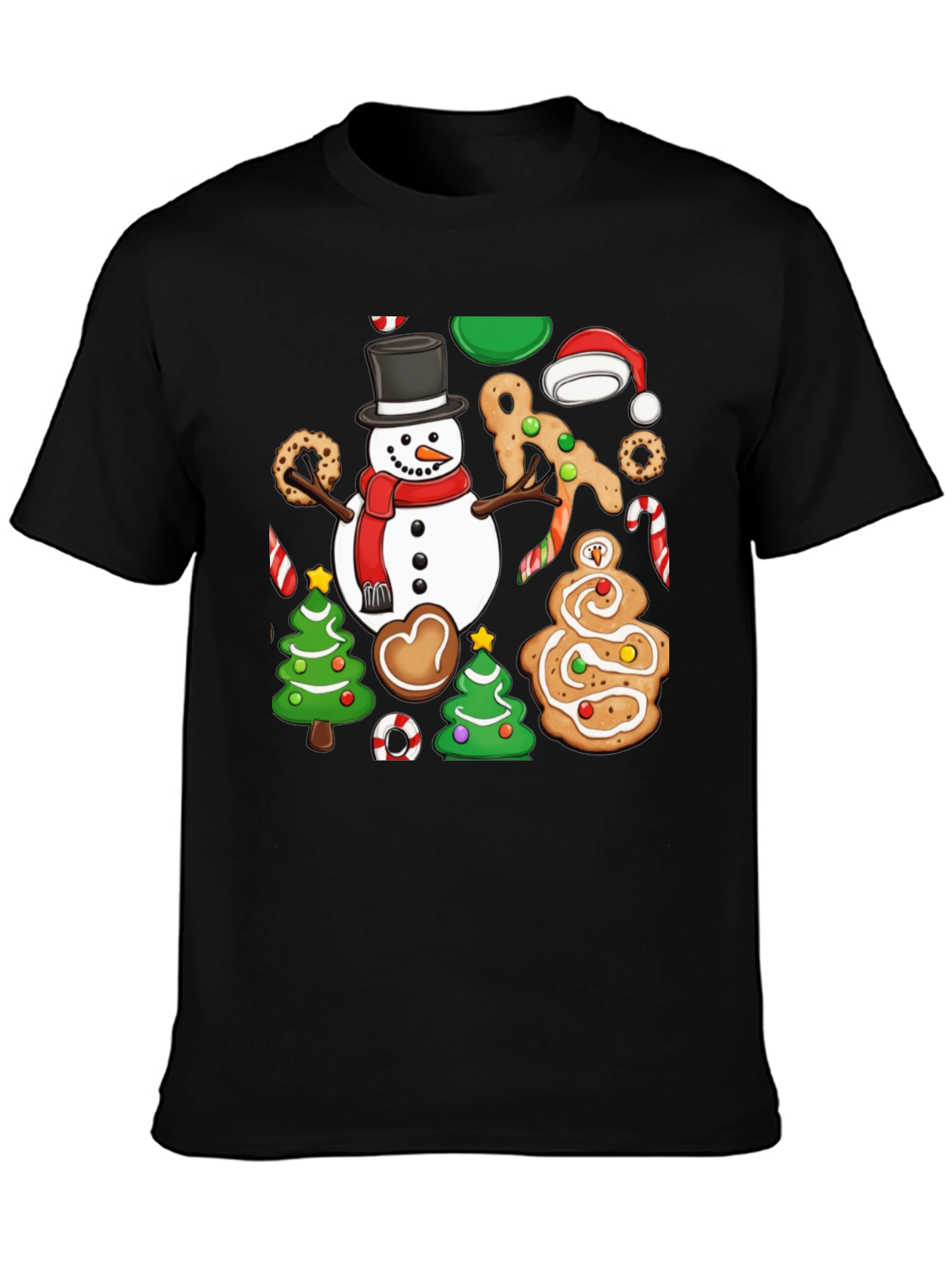 Festive Christmas Cookie & Snowman Graphic T-Shirt