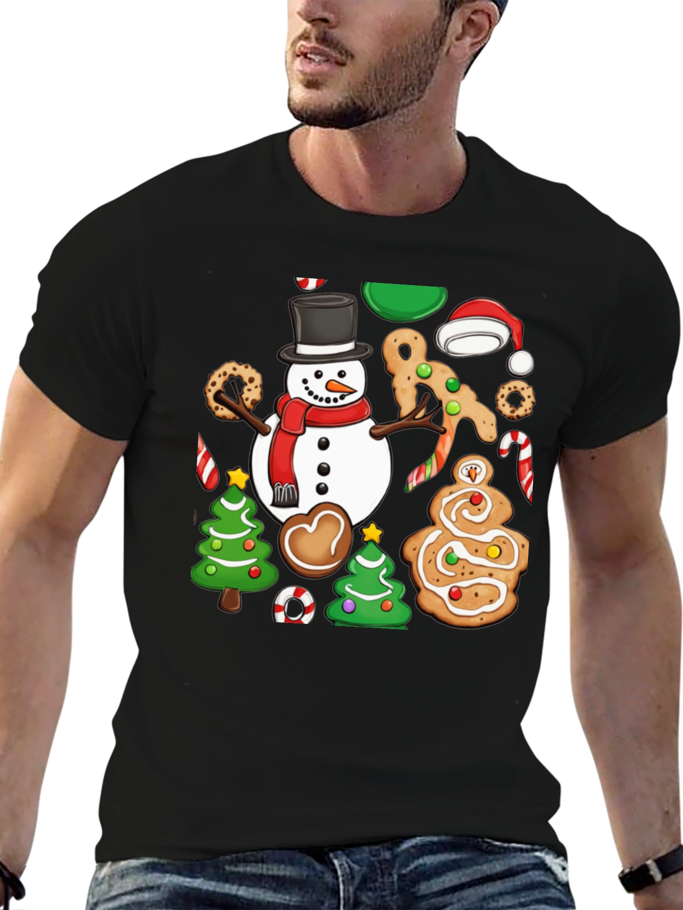 Festive Christmas Cookie & Snowman Graphic T-Shirt