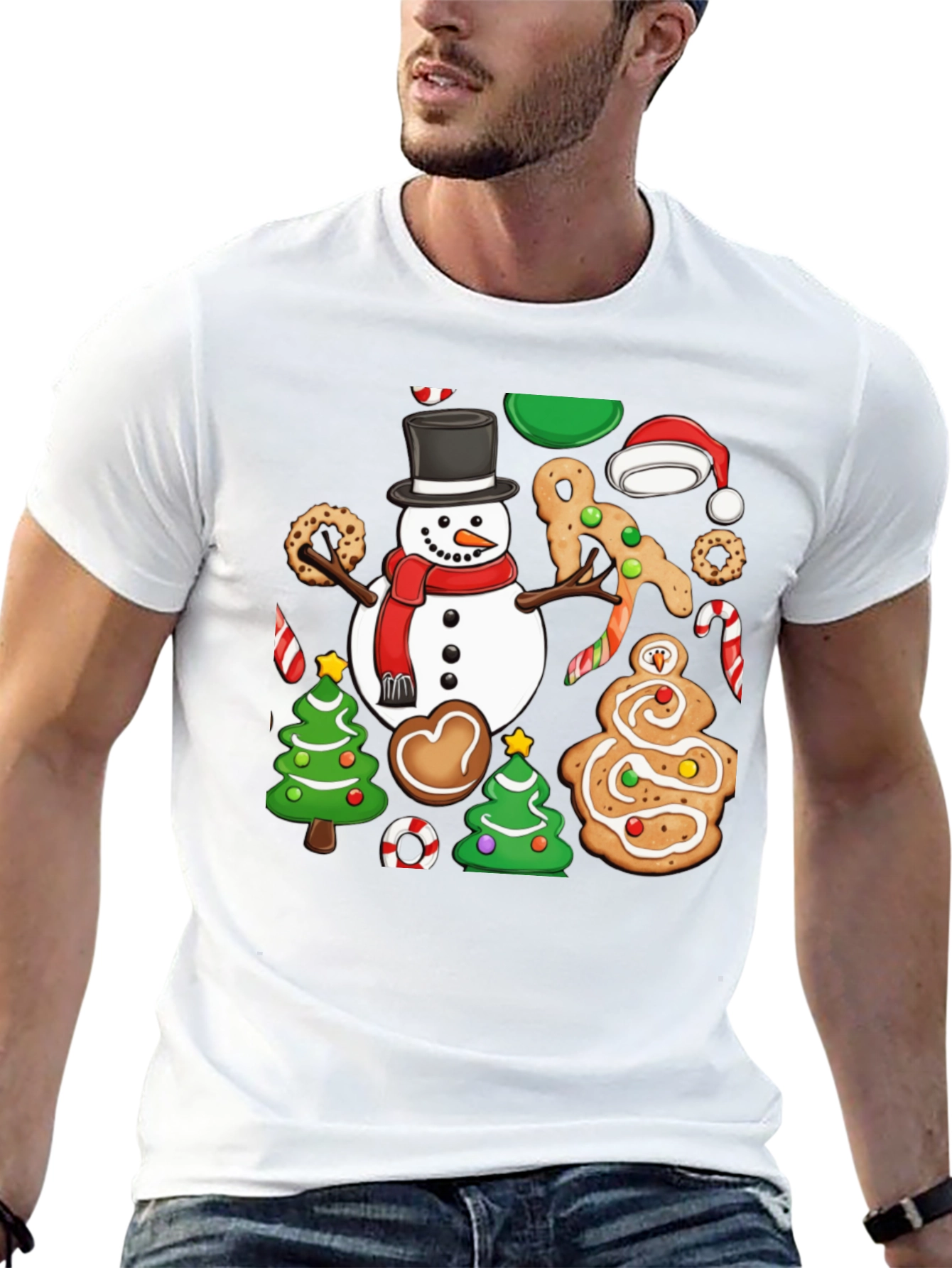 Festive Christmas Cookie & Snowman Graphic T-Shirt