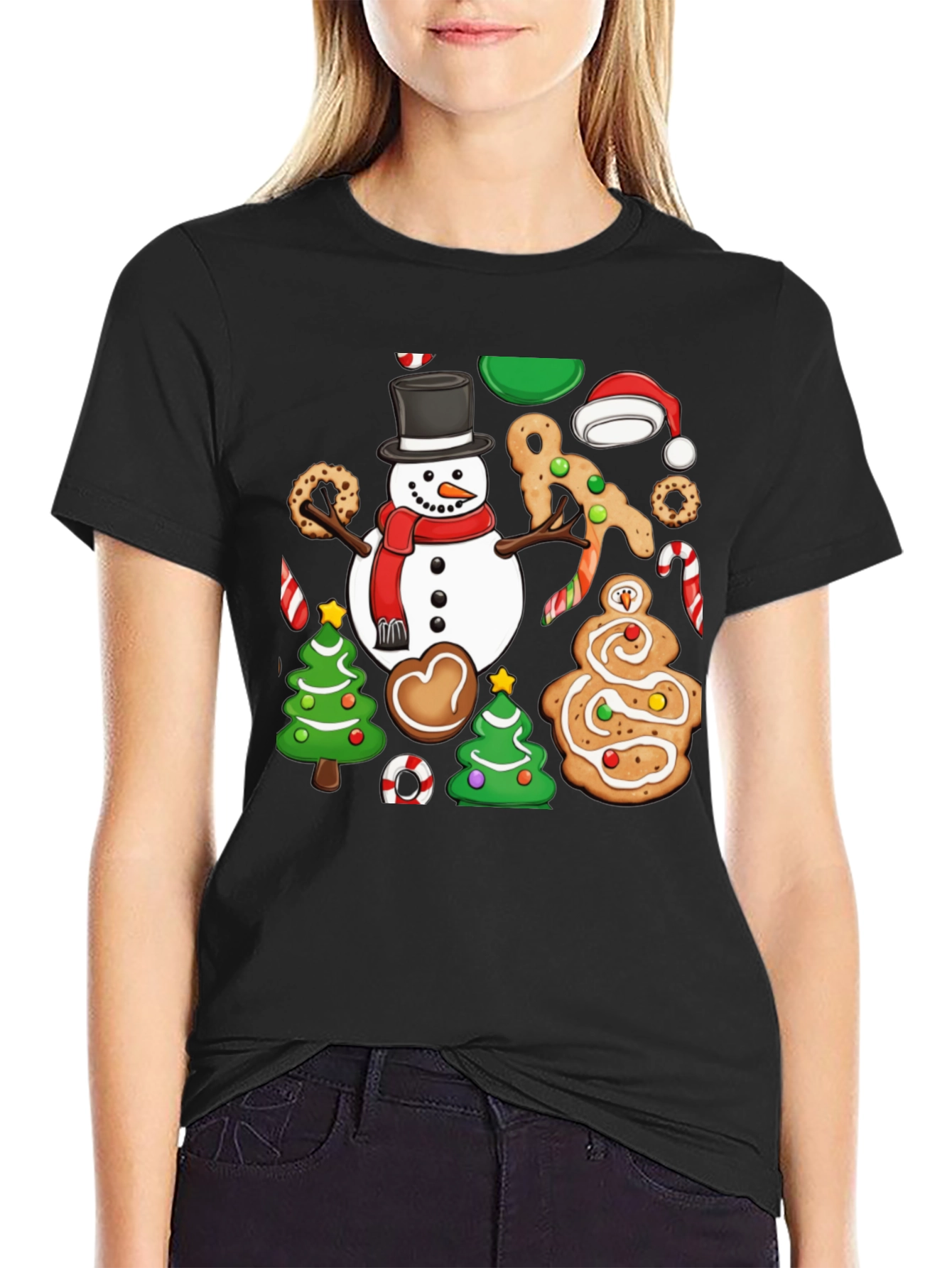 Festive Christmas Cookie & Snowman Graphic T-Shirt