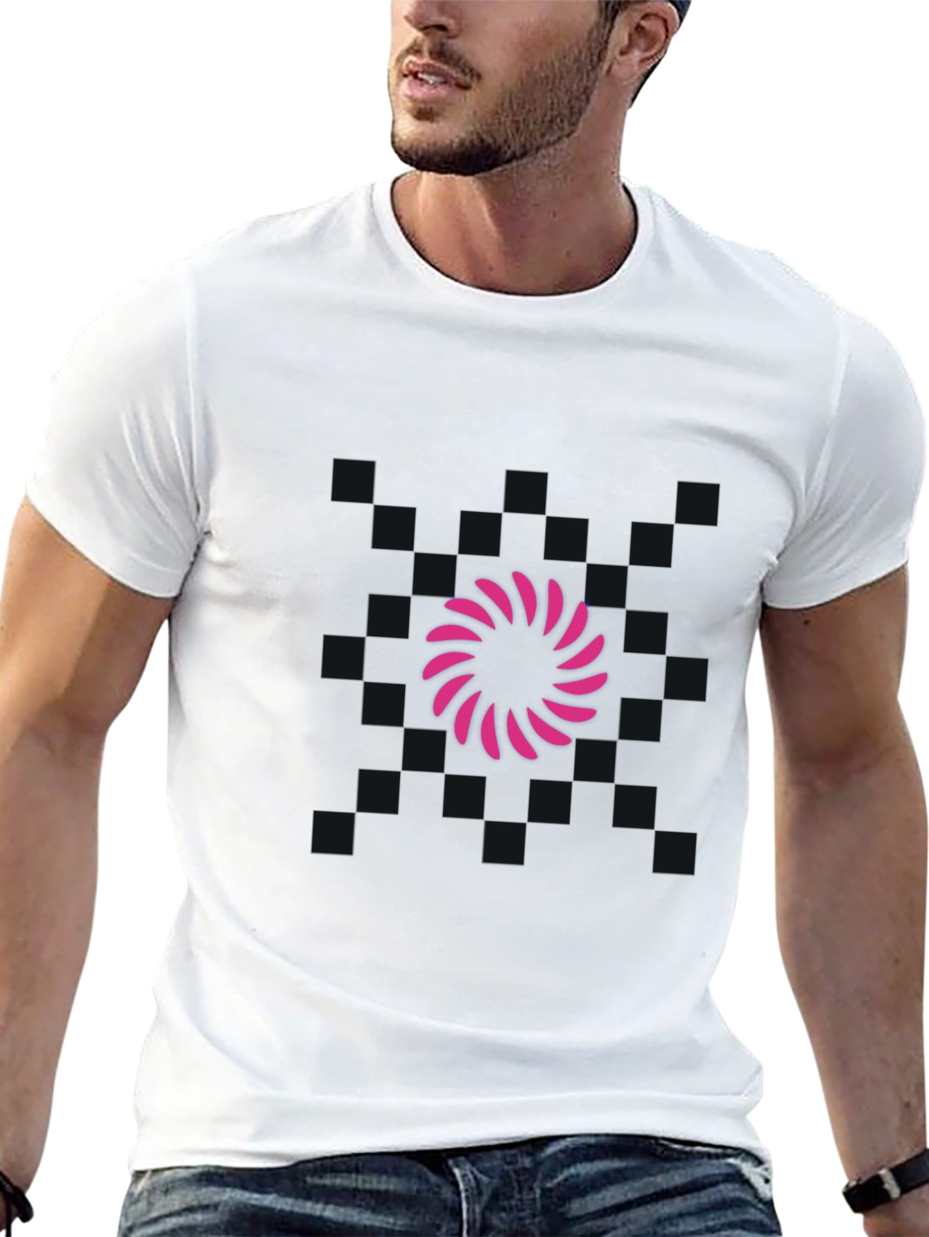 Mens Black T-Shirt - Pink Swirl Graphic