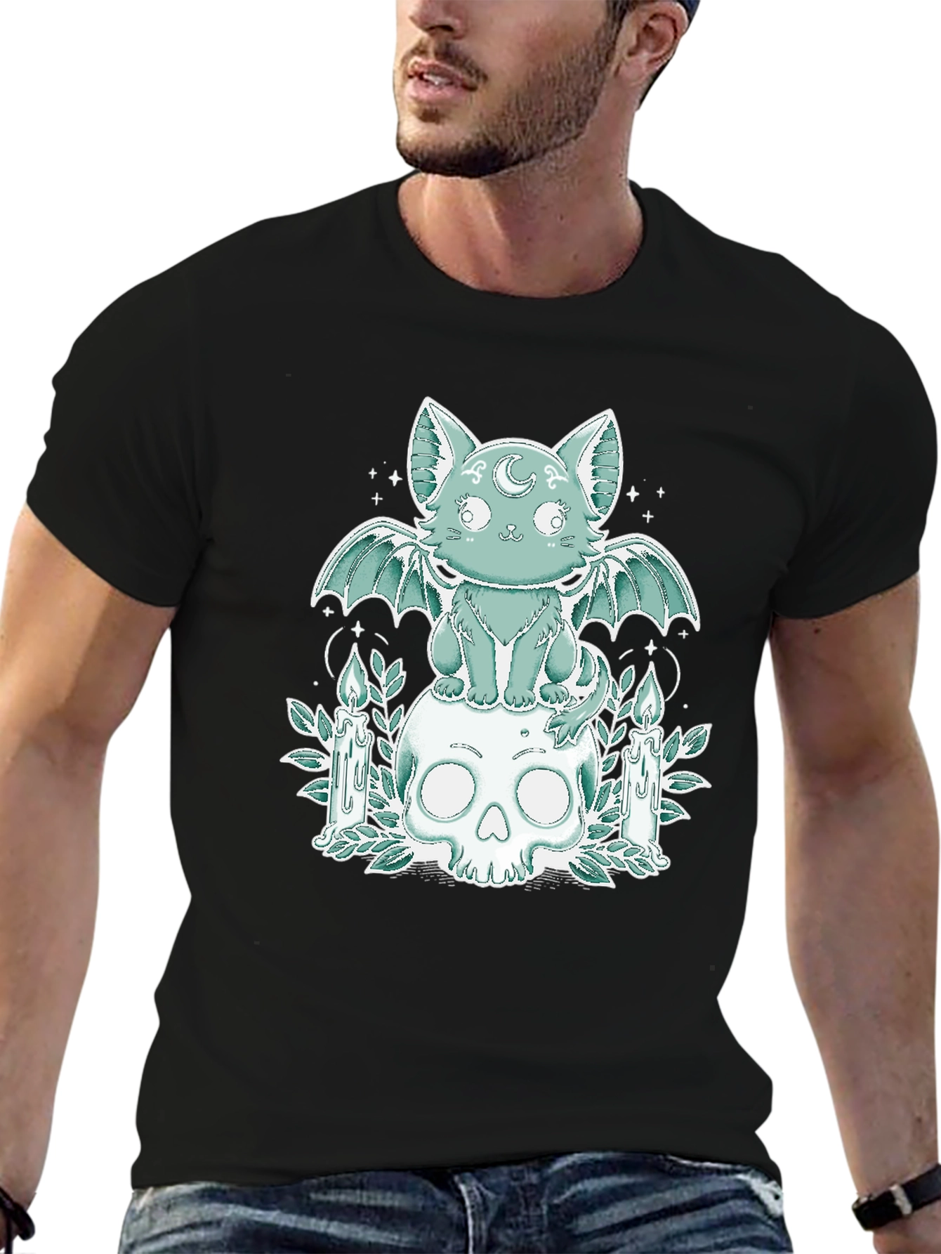 Gothic Cat Bat Wings Skull T-Shirt