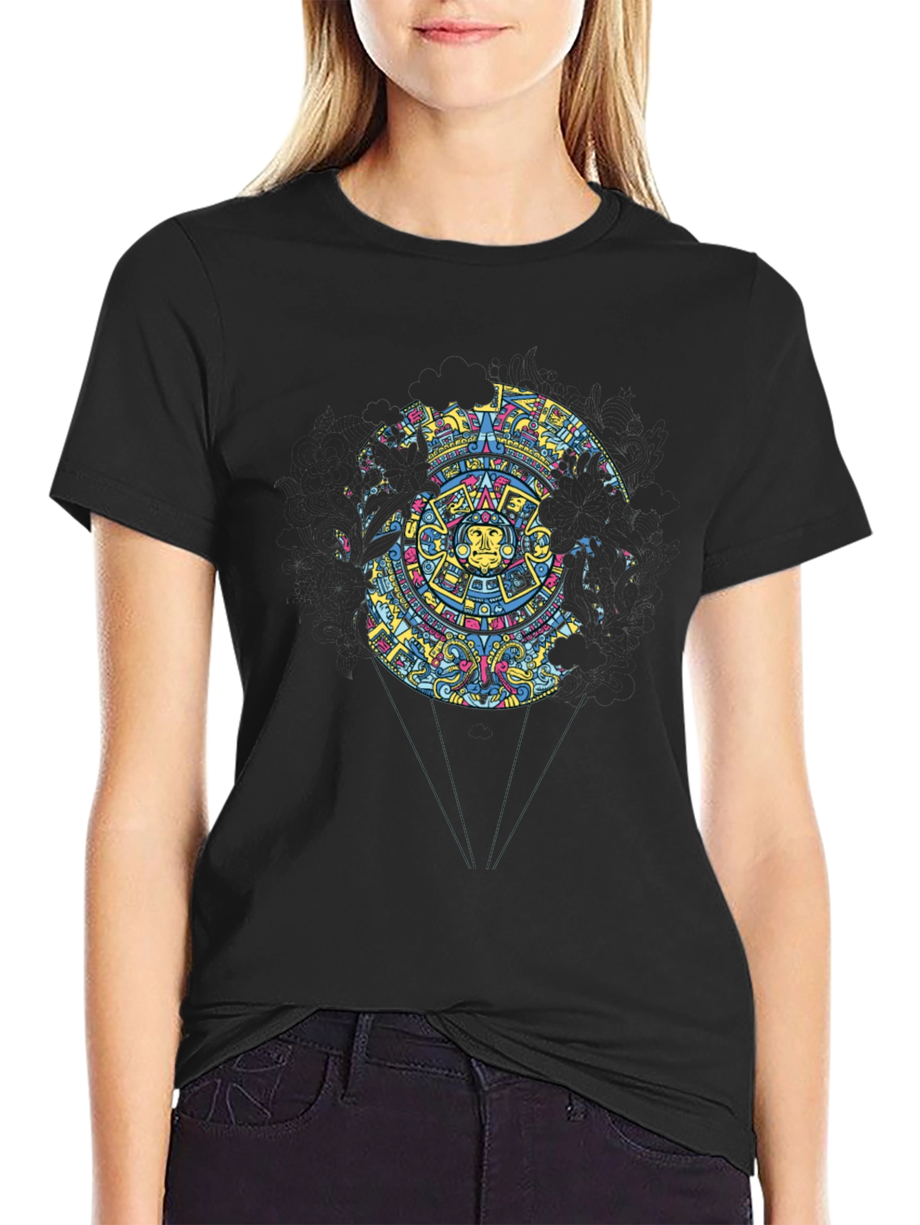 Aztec Calendar Graphic Print Black T-Shirt