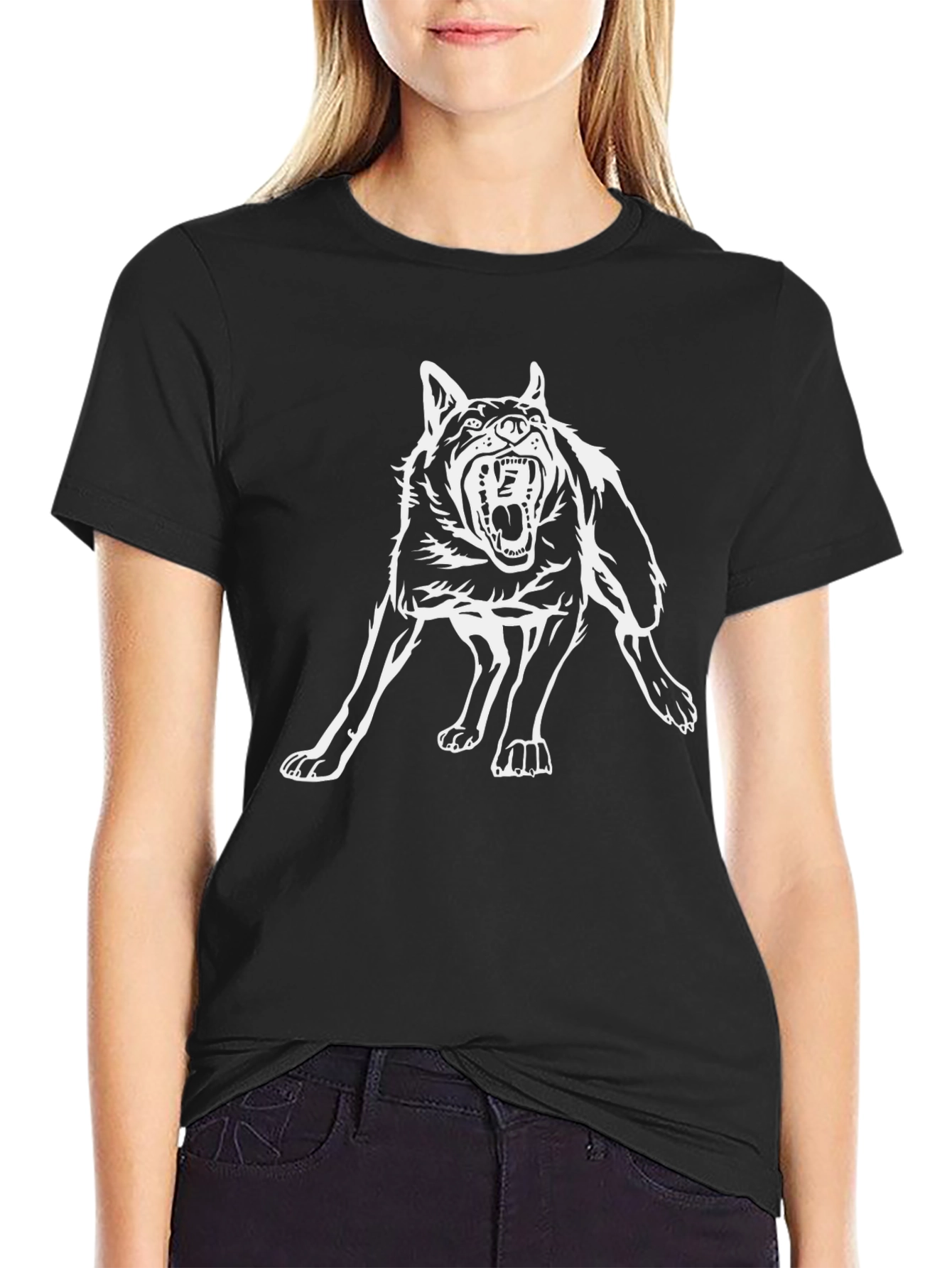 Black T-Shirt with Aggressive Wolf Graphic