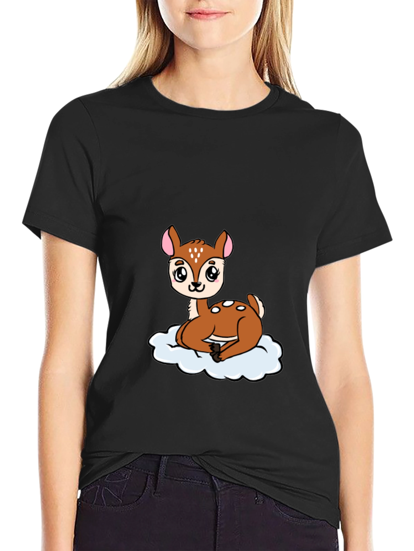 Cute Deer Cartoon Black T-Shirt