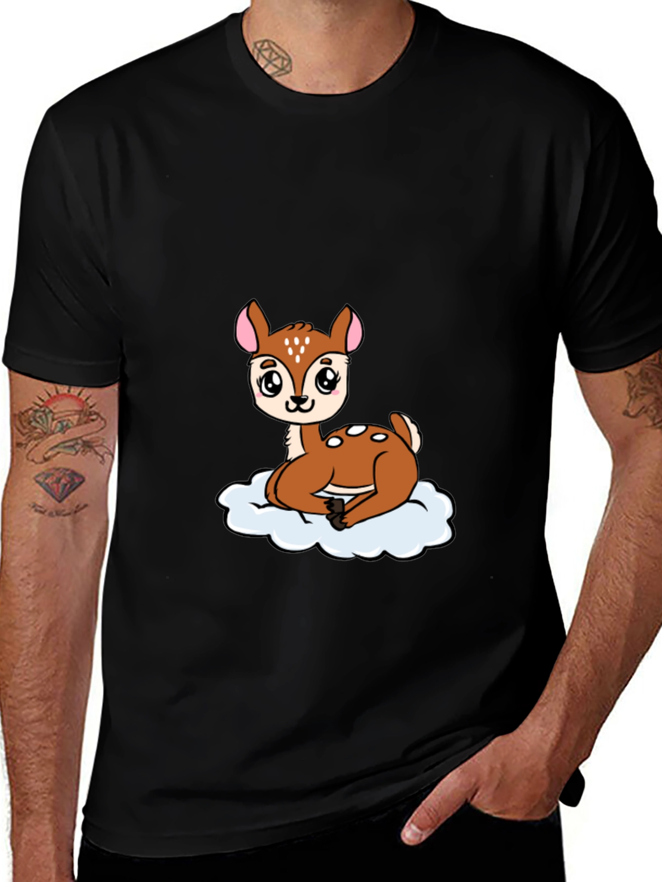 Cute Deer Cartoon Black T-Shirt