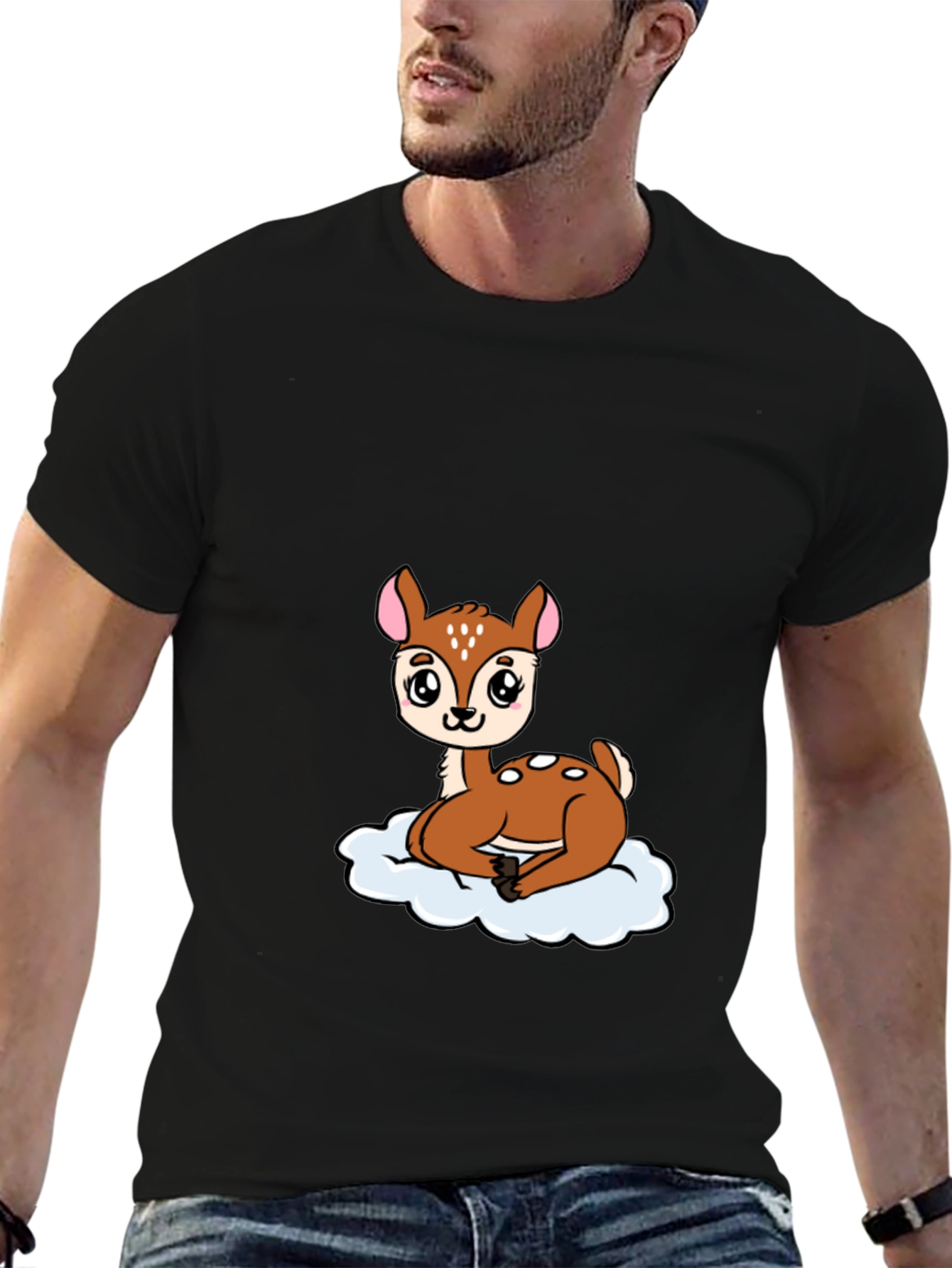 Cute Deer Cartoon Black T-Shirt
