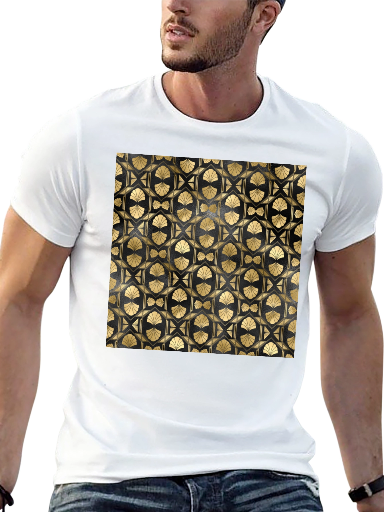 Geometric Art Deco Pattern T-Shirt - Gold on Black
