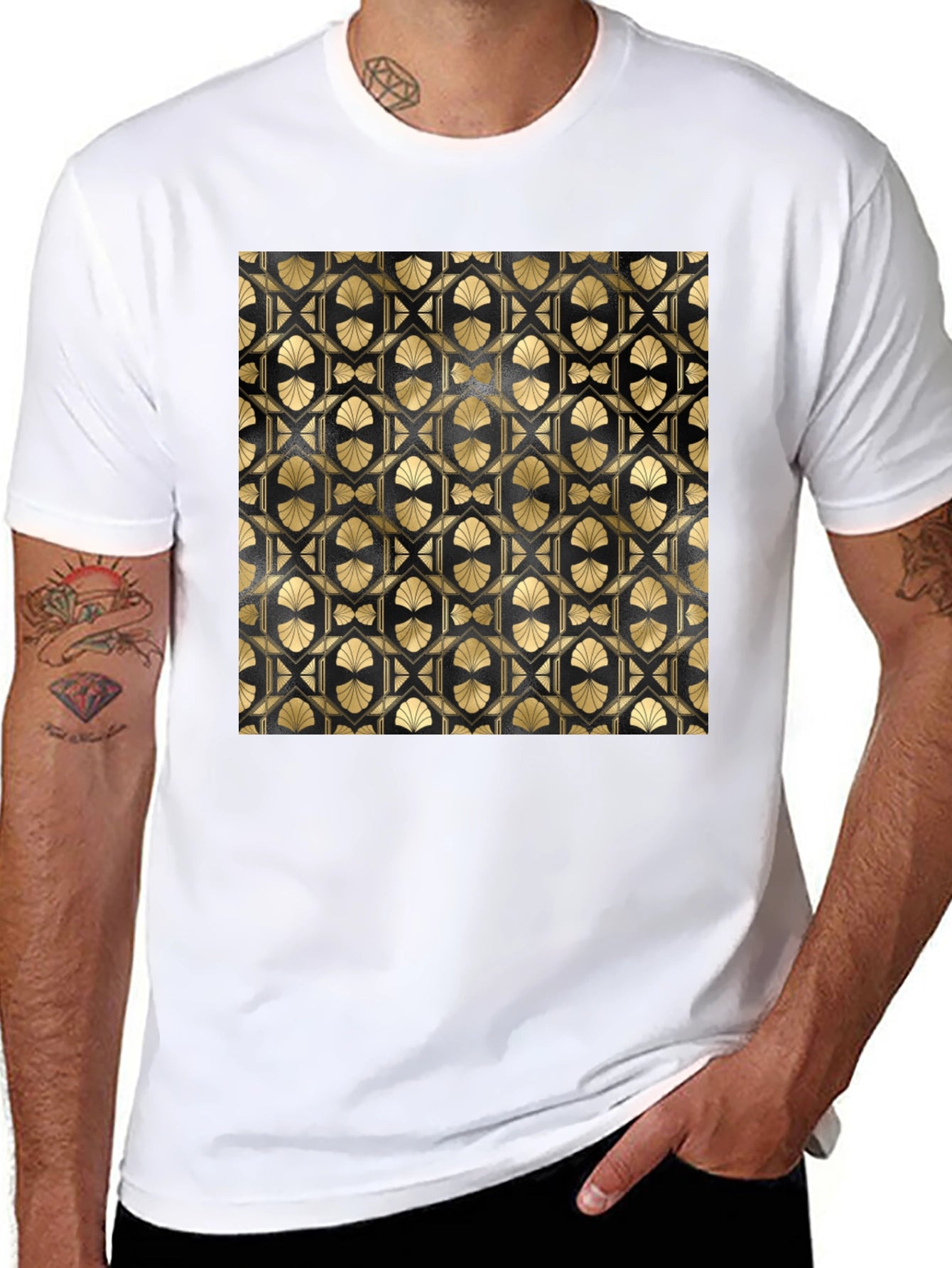 Geometric Art Deco Pattern T-Shirt - Gold on Black