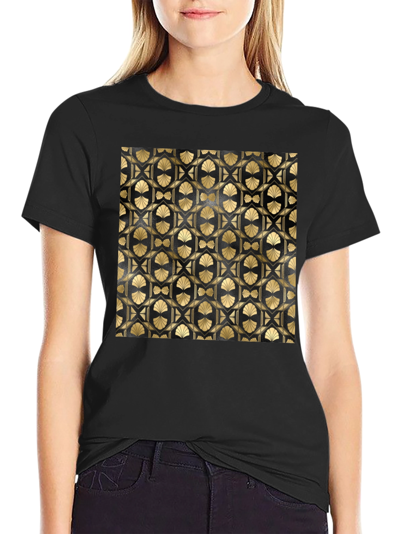 Geometric Art Deco Pattern T-Shirt - Gold on Black