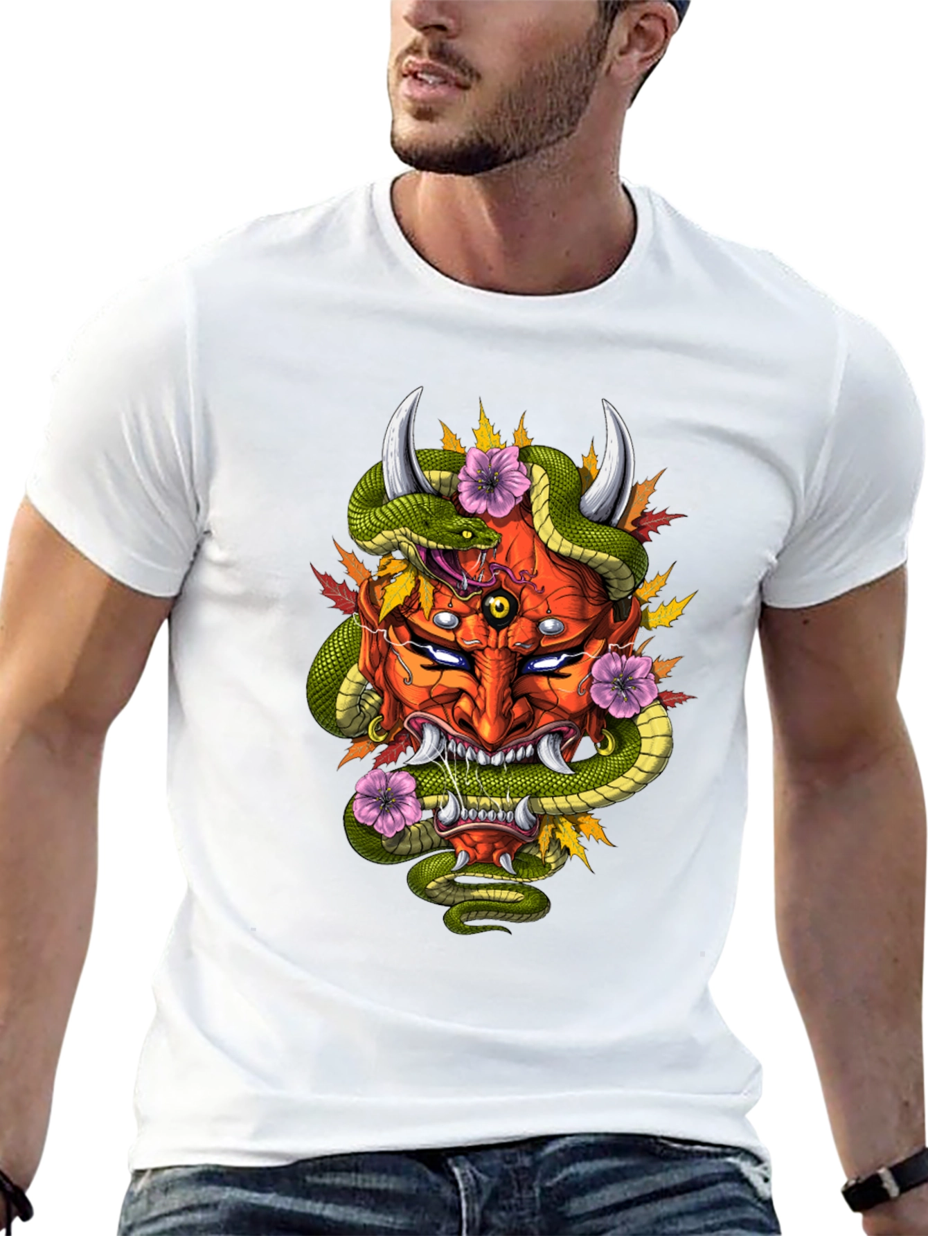 Mens Graphic Tee - Oni Mask & Snake
