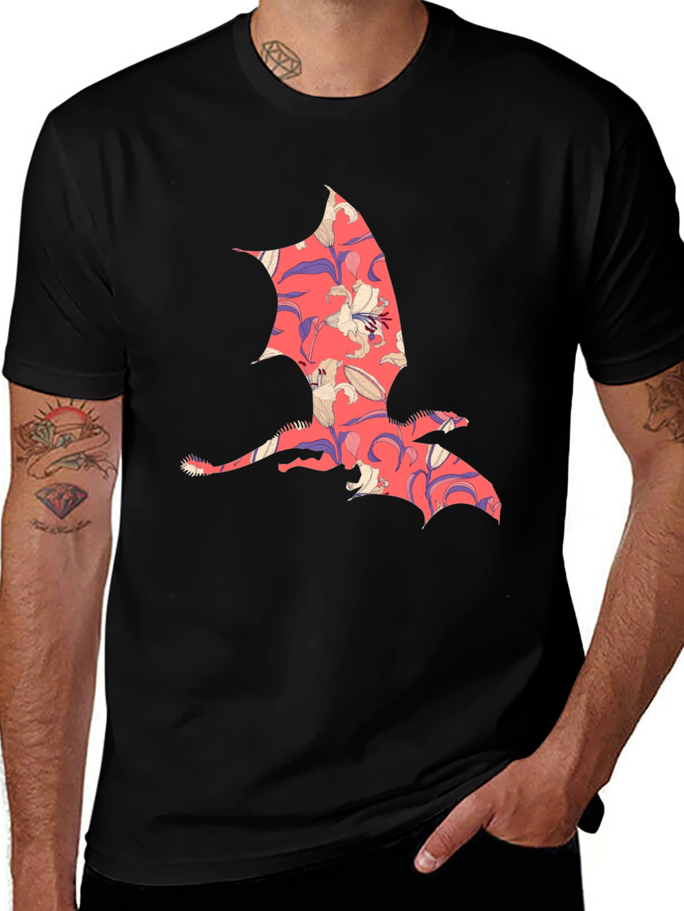 Floral Dragon Print Mens T-Shirt - Unique Design